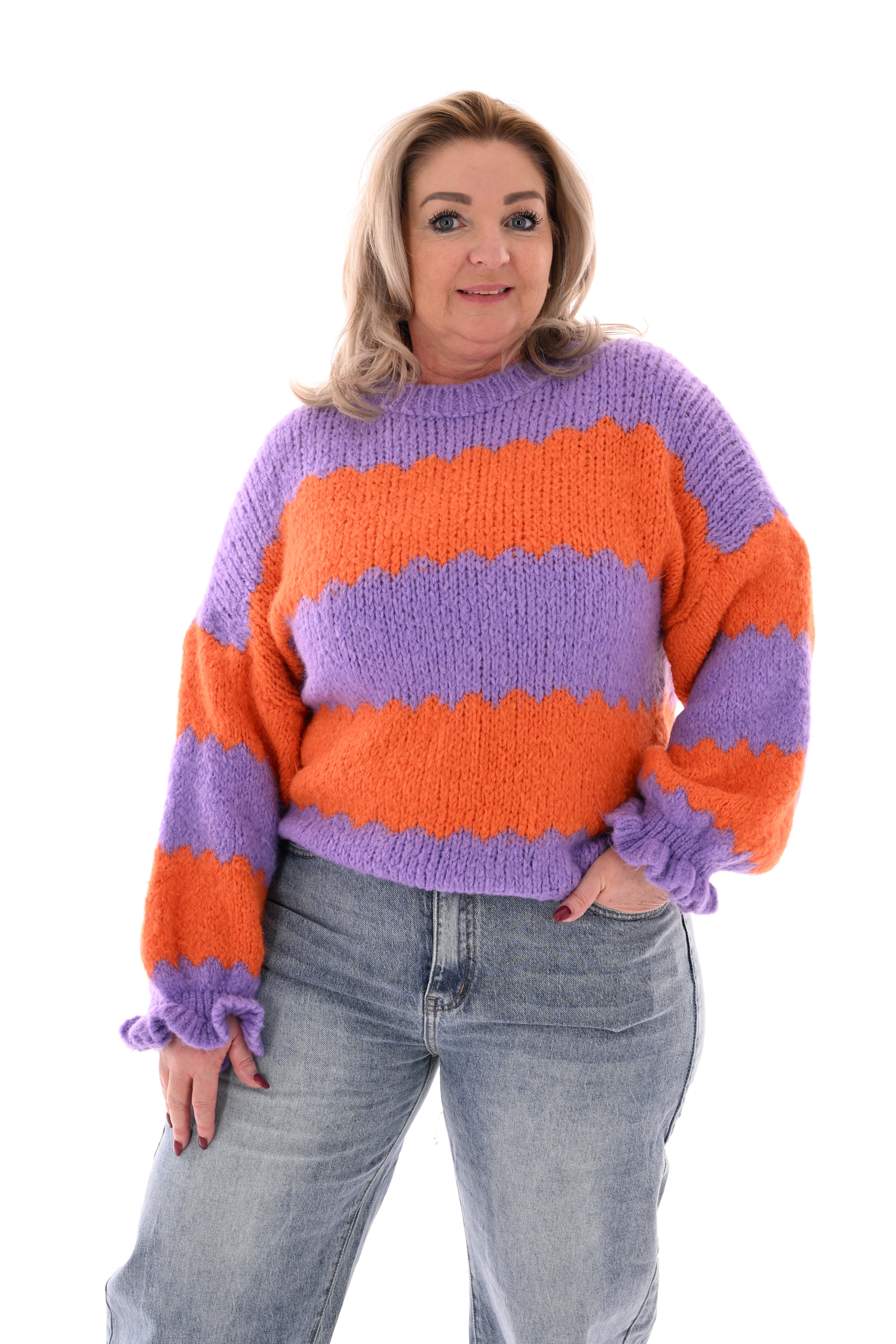 Gebreide trui brede golfstrepen lila/oranje