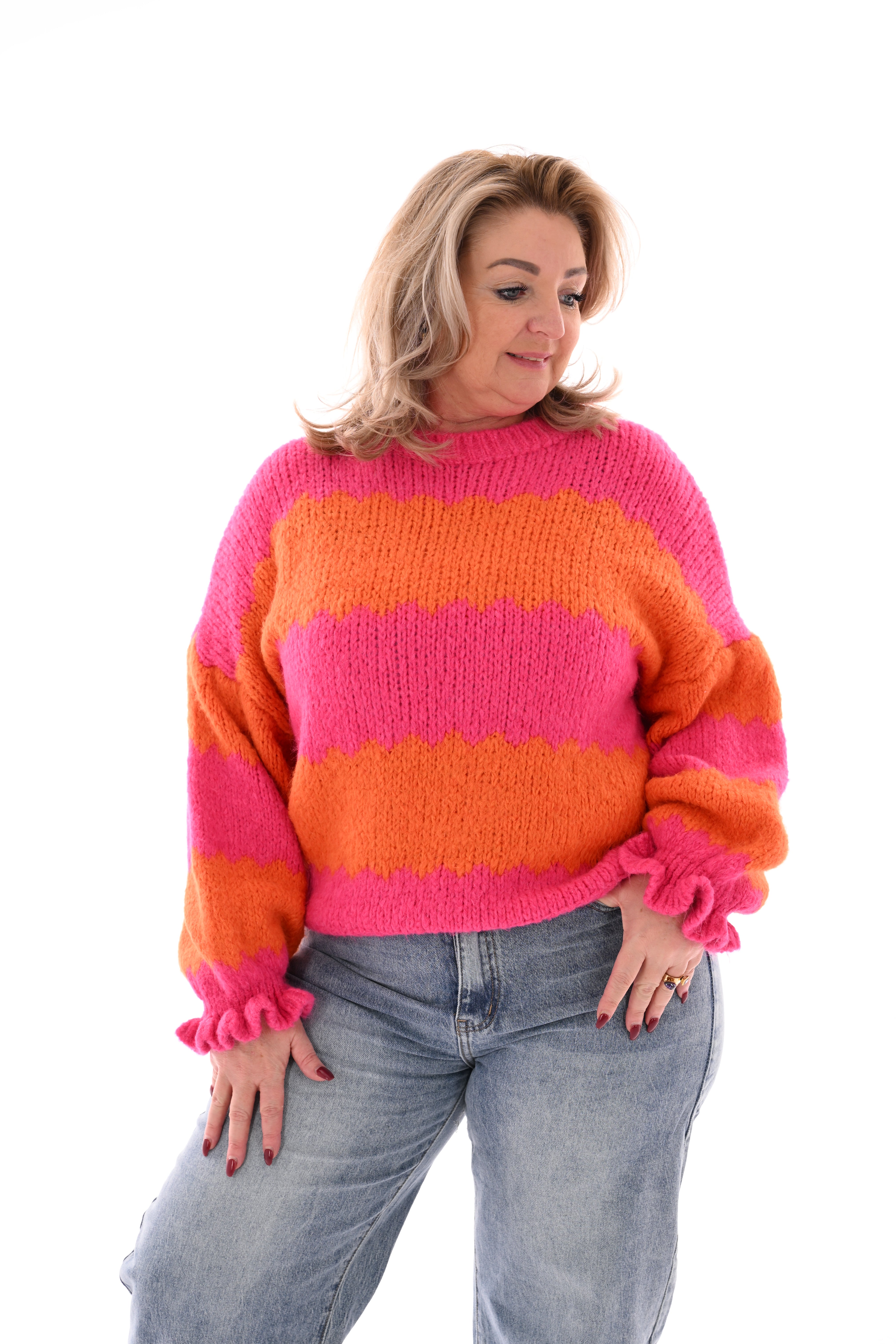 Gebreide trui brede golfstrepen fuchsia/oranje
