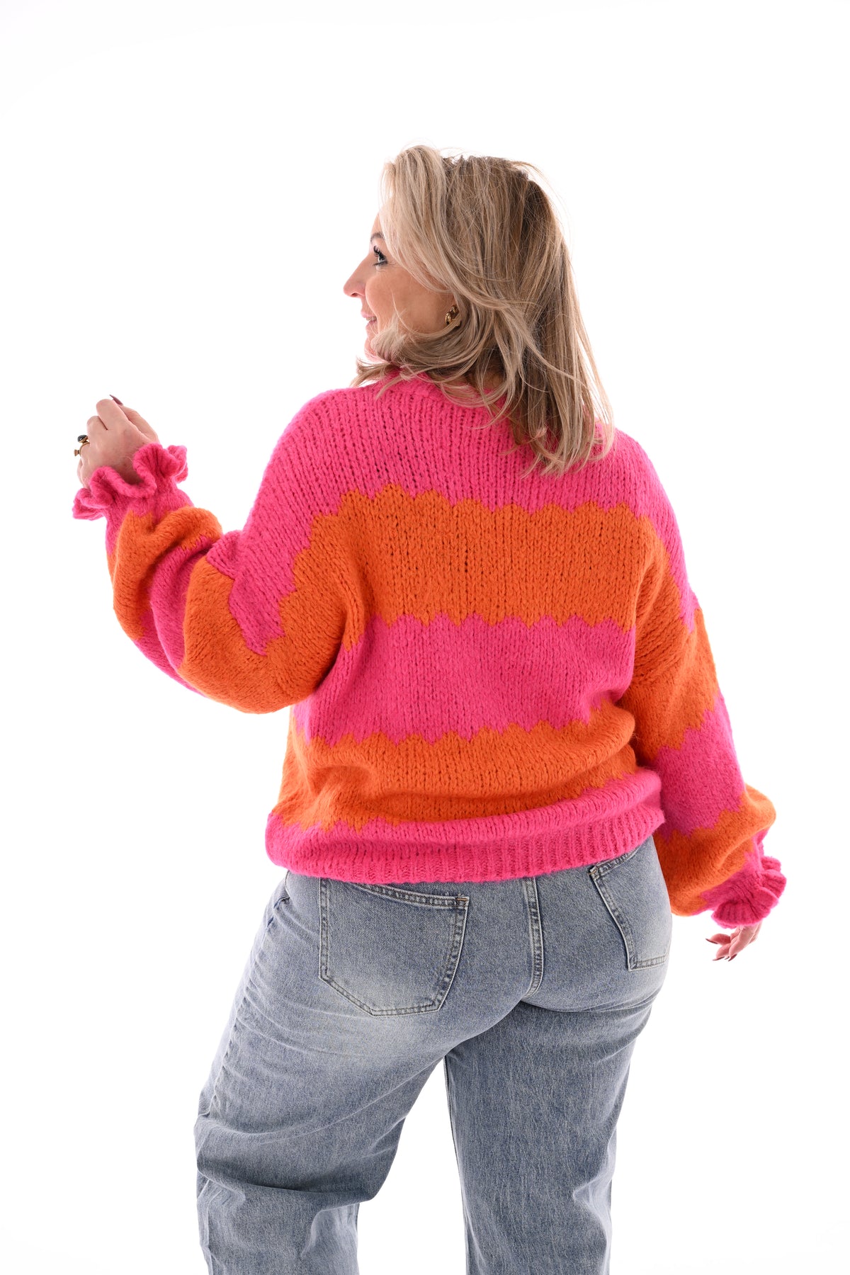 Gebreide trui brede golfstrepen fuchsia/oranje