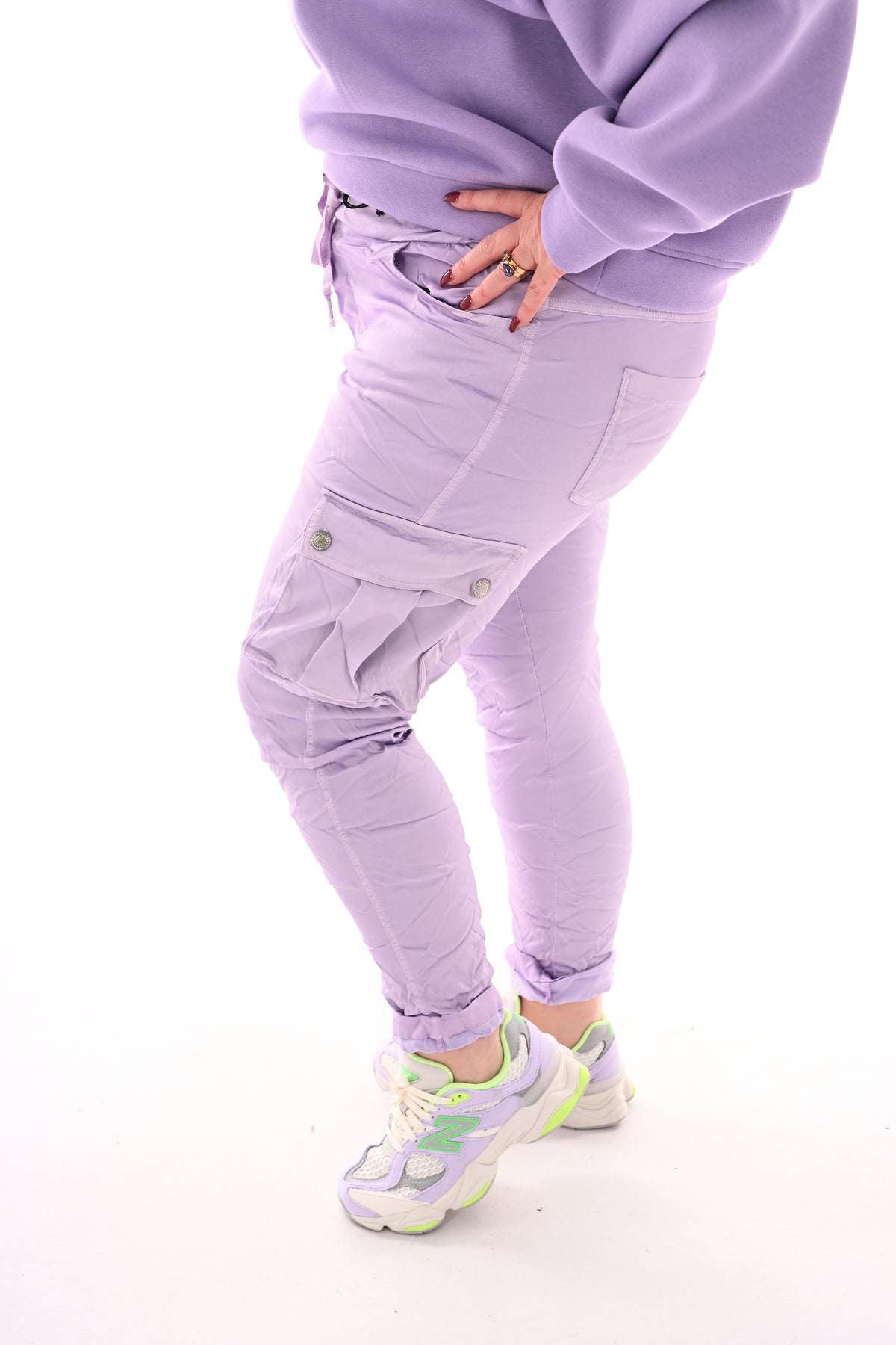 Silky stretchbroek cargo lila