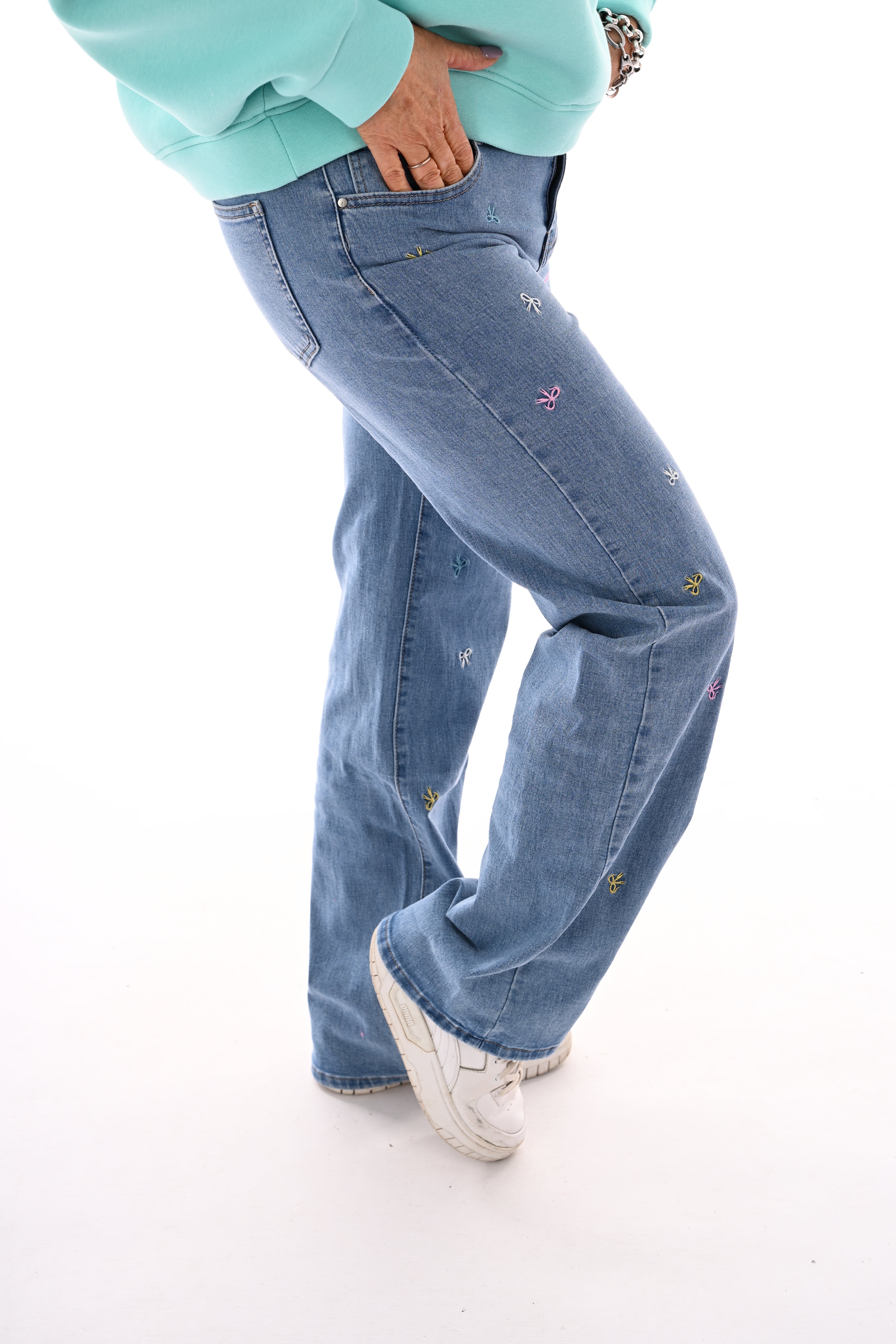 BS Jeans wide leg strikjes blauw