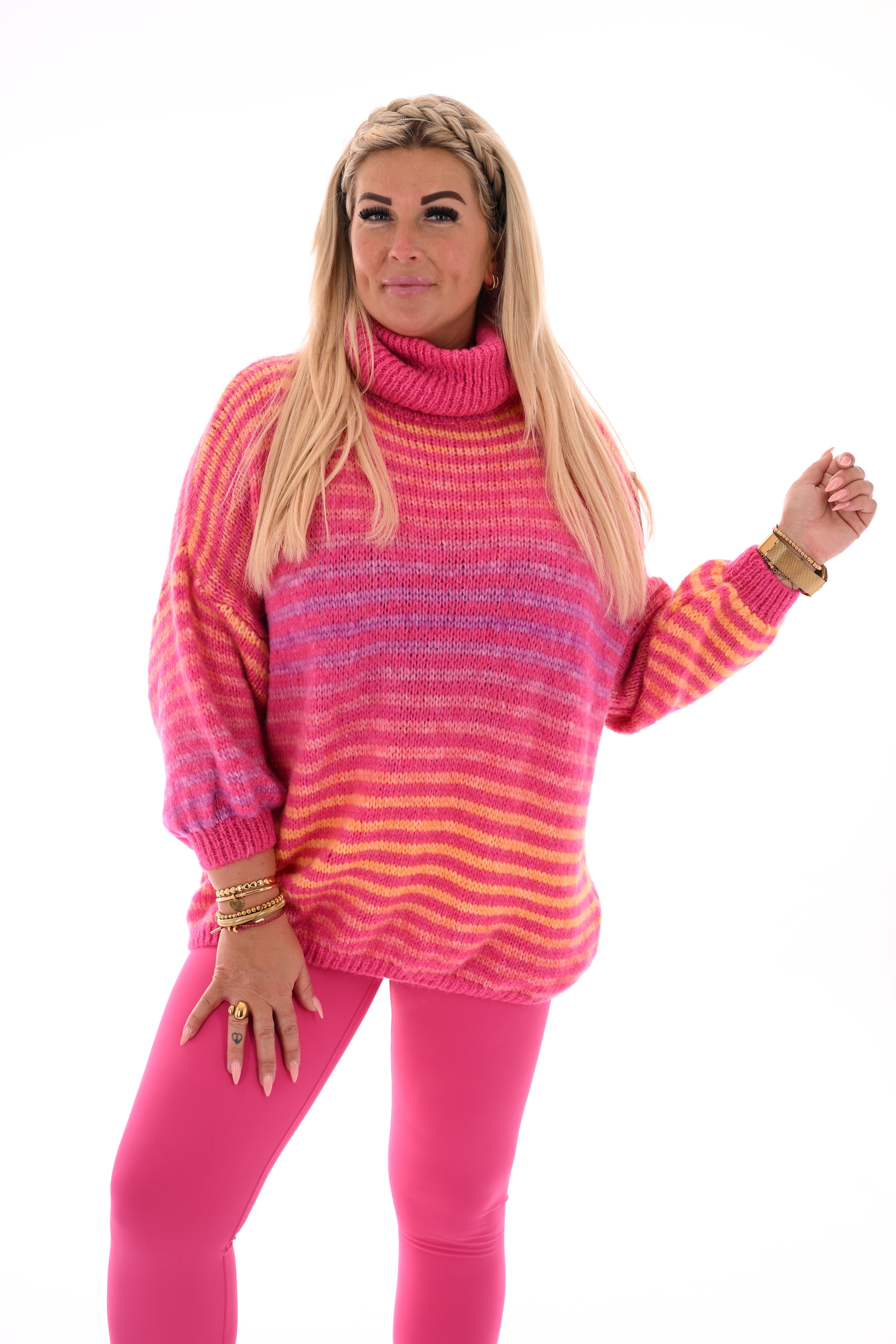 Gestreepte trui met col fuchsia