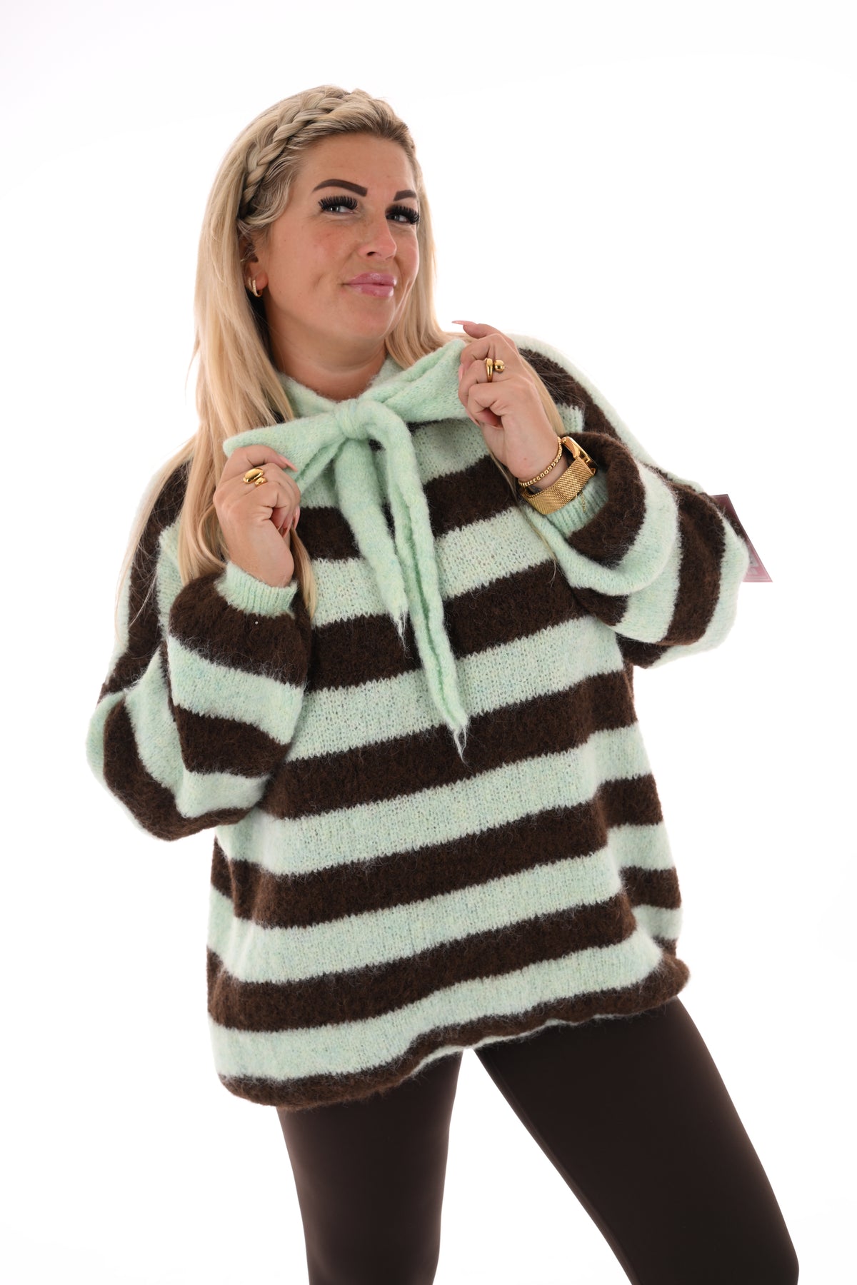 Fijn gebreide trui strepen strik lichtgroen