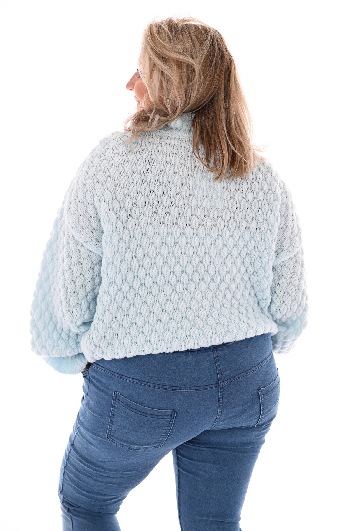 Structuur trui roezelmouwen lichtblauw