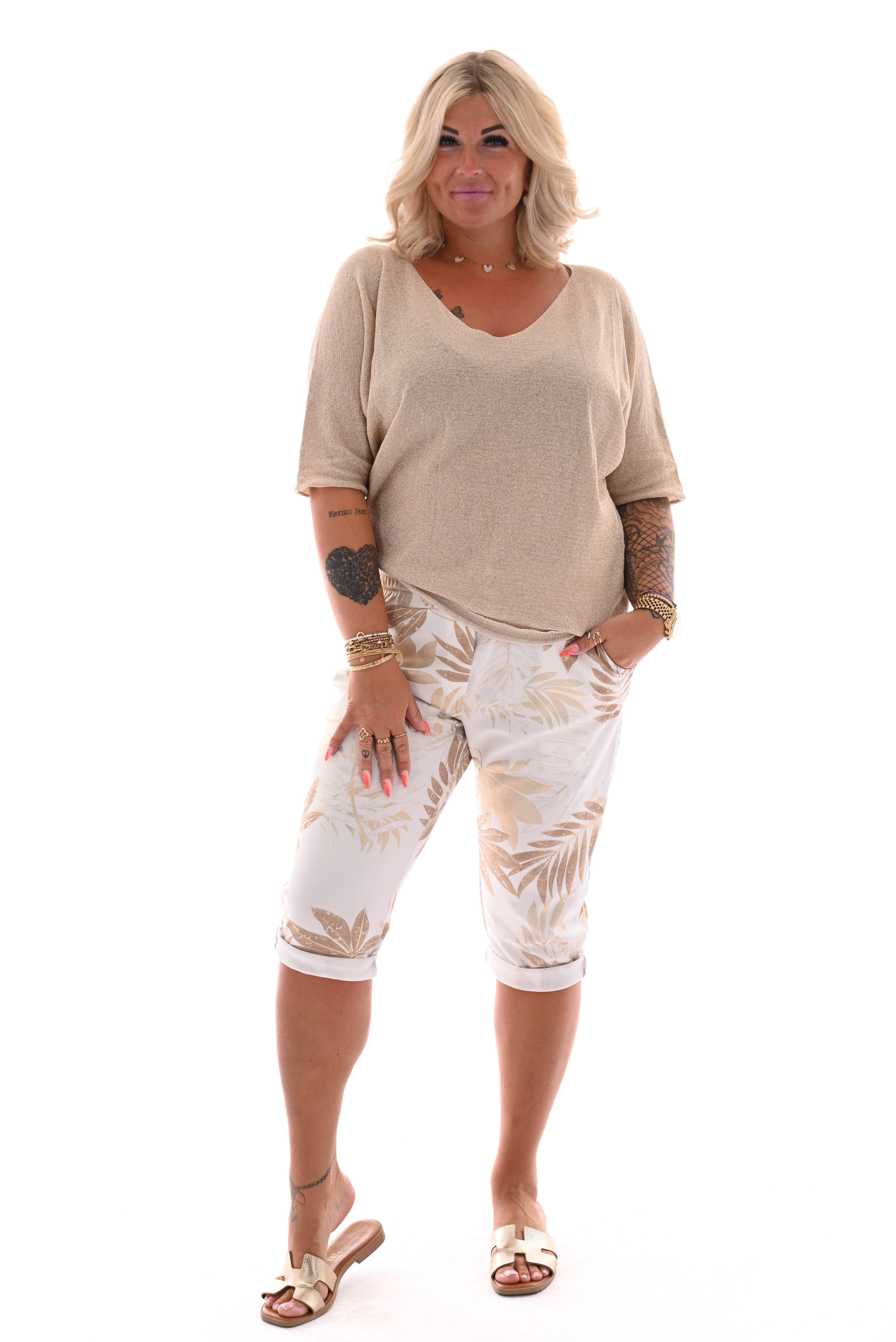 Top v-hals korte mouwen lurex creme