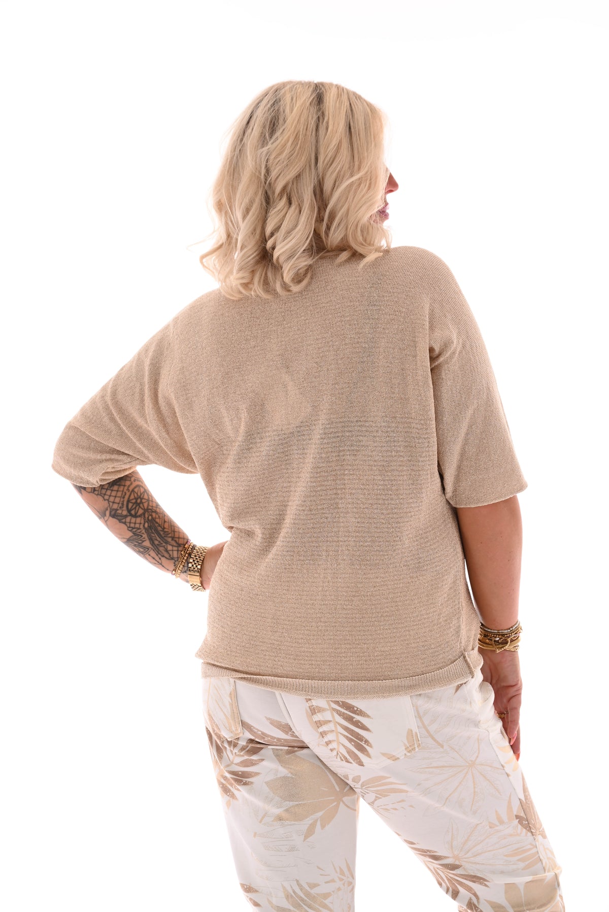 Top v-hals korte mouwen lurex creme
