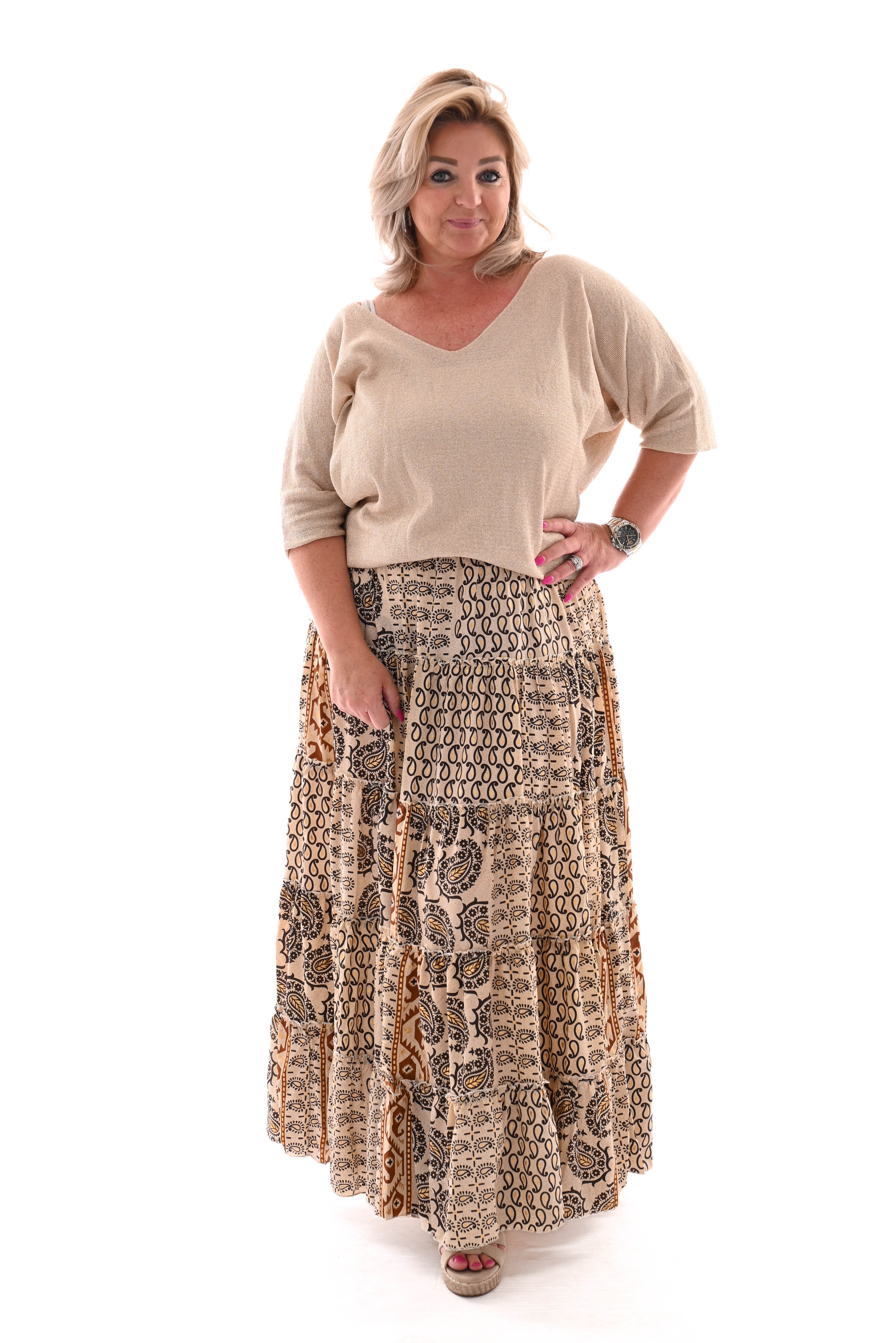 Maxi rok stroken elastieken band paisley donkergroen