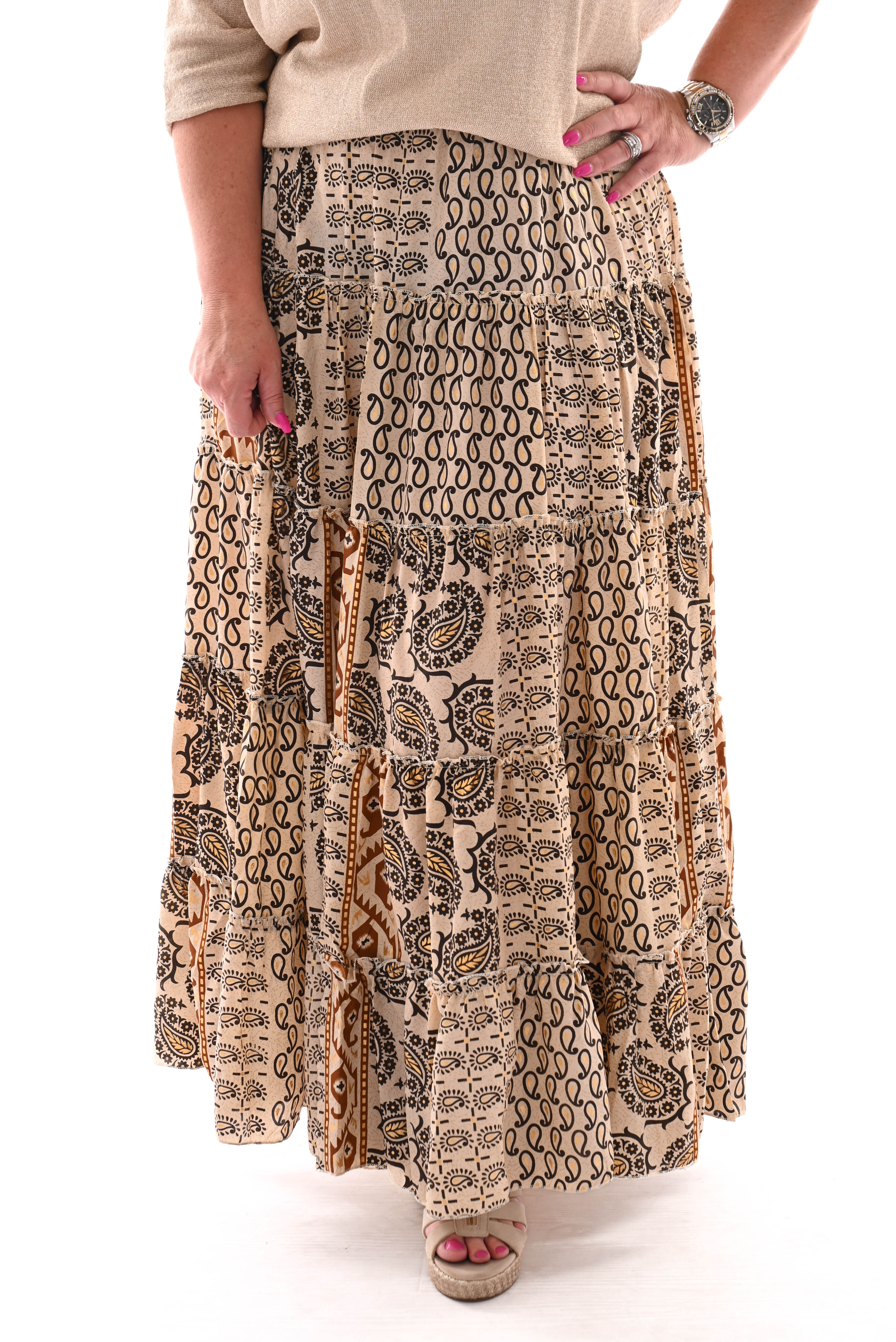 Maxi rok stroken elastieken band paisley donkergroen