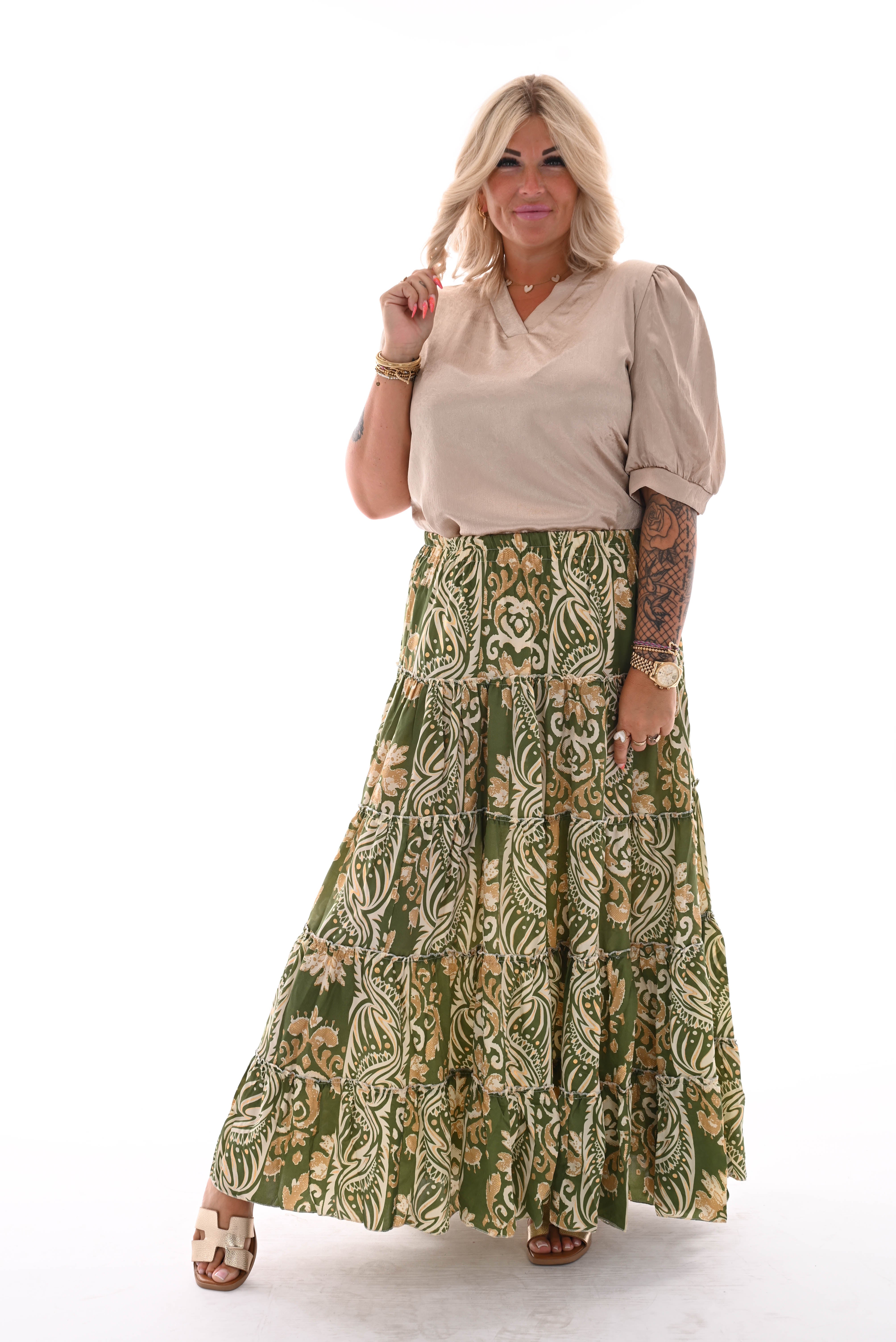 Maxi rok stroken elastieken band barok groen