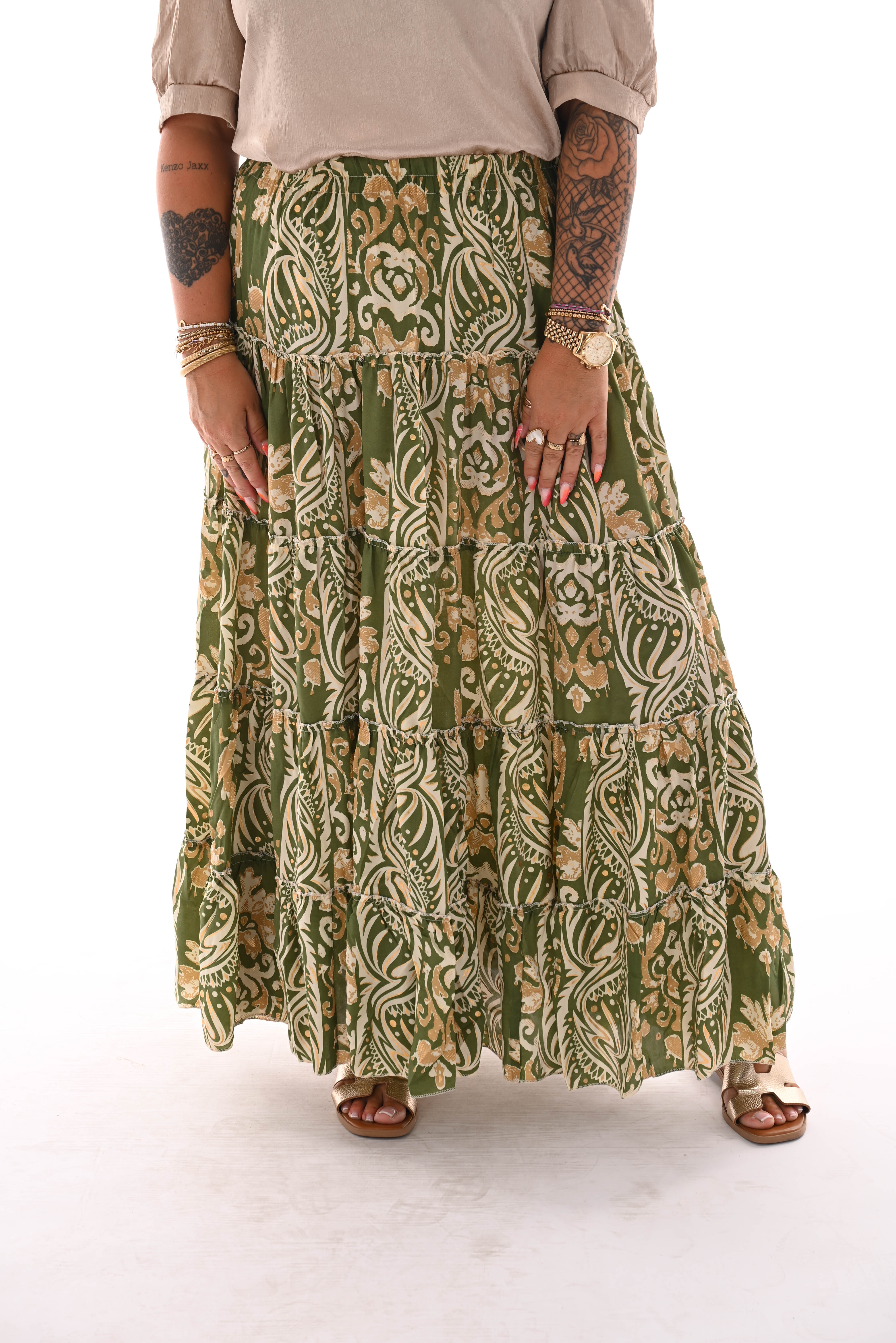 Maxi rok stroken elastieken band barok groen