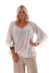 Top gehaakte rand trompetmouwen beige