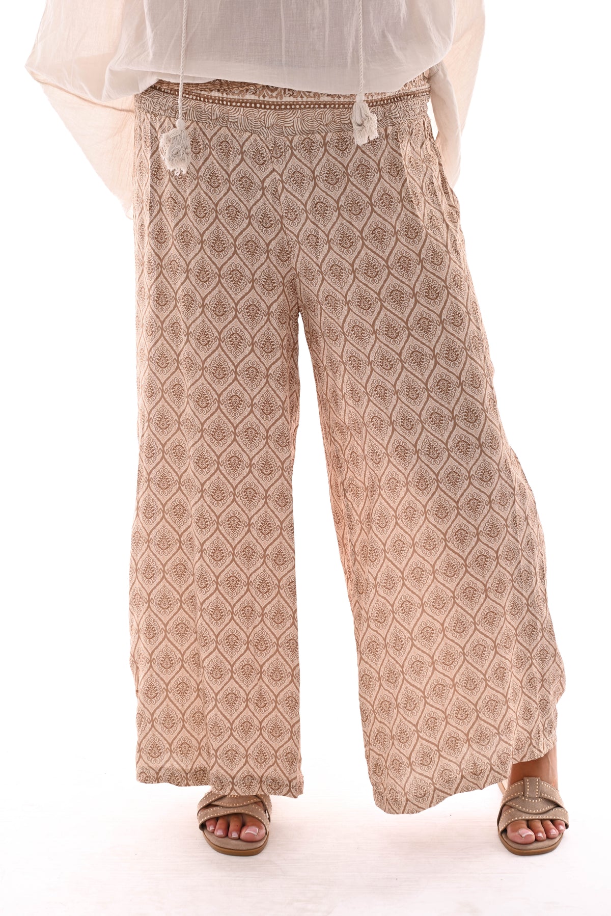 Wijde broek elastieken band paisley beige