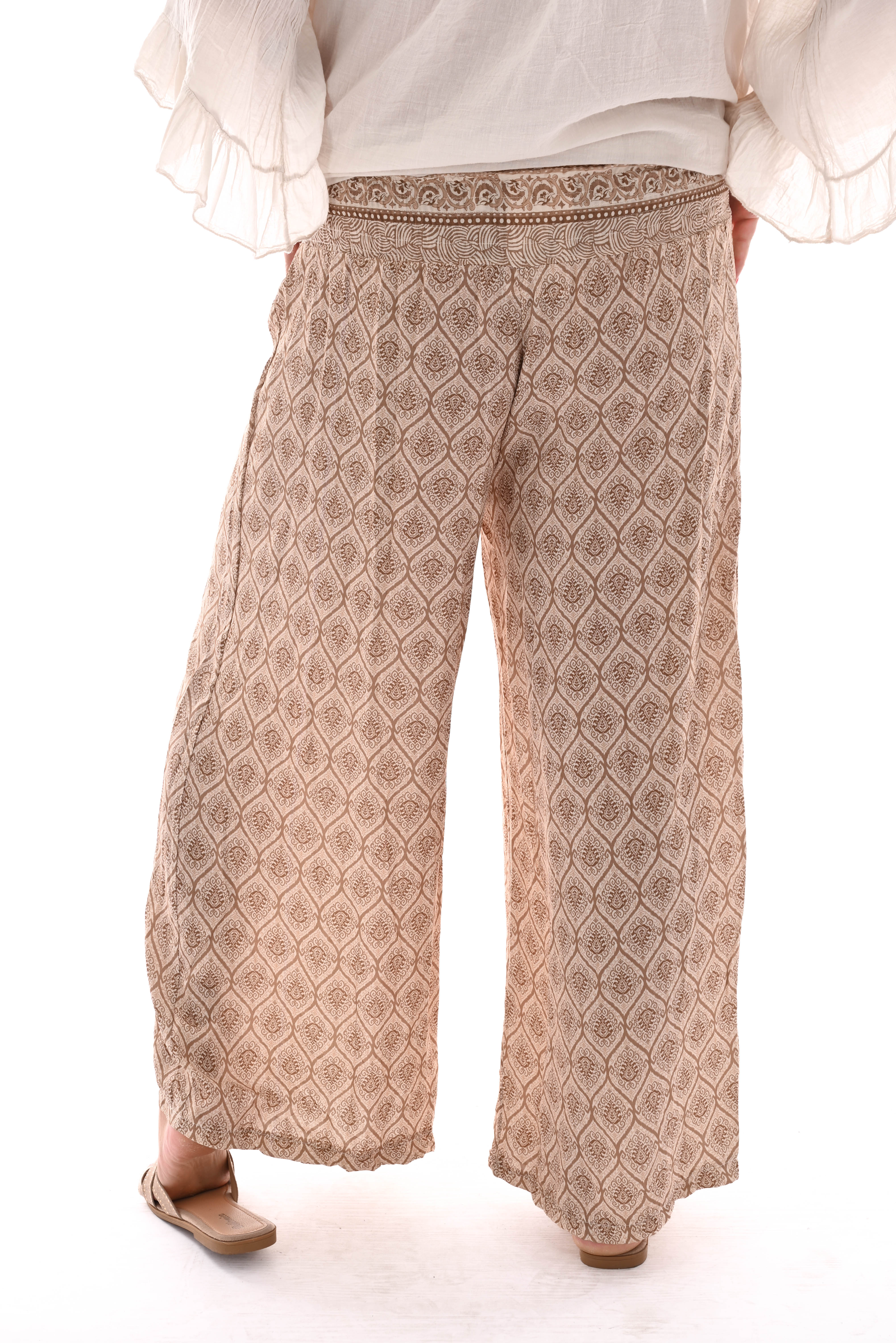 Wijde broek elastieken band paisley beige