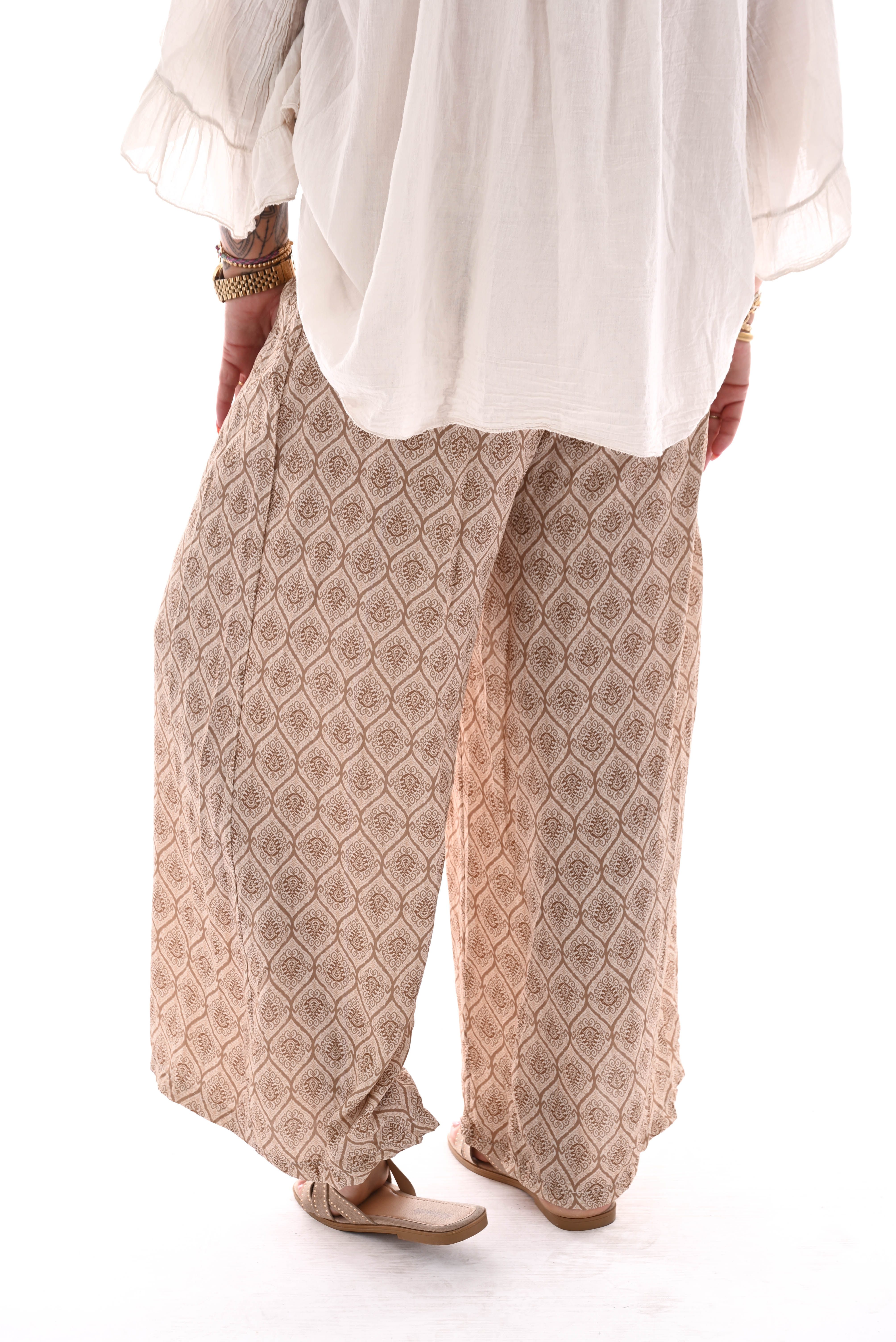 Wijde broek elastieken band paisley beige