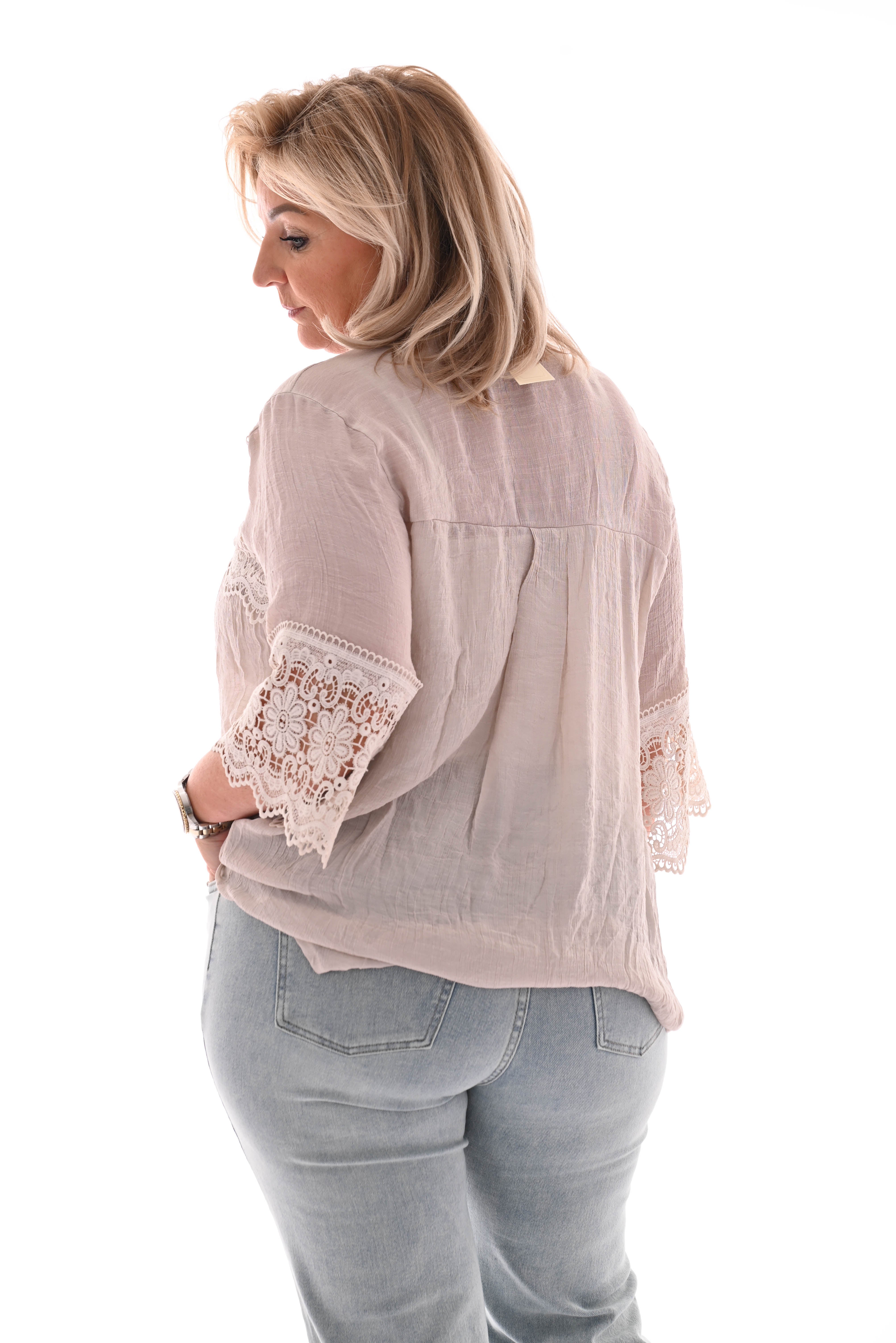 Blouse v-hals bloemen rand taupe