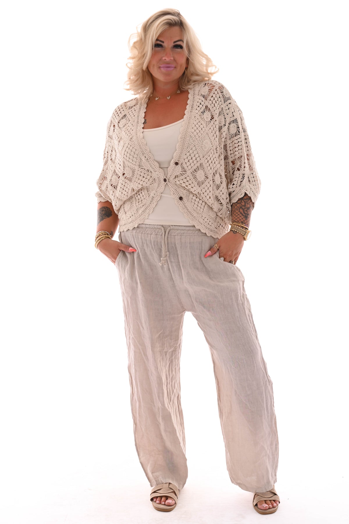Linnenlook wijde broek aantrekkoord beige