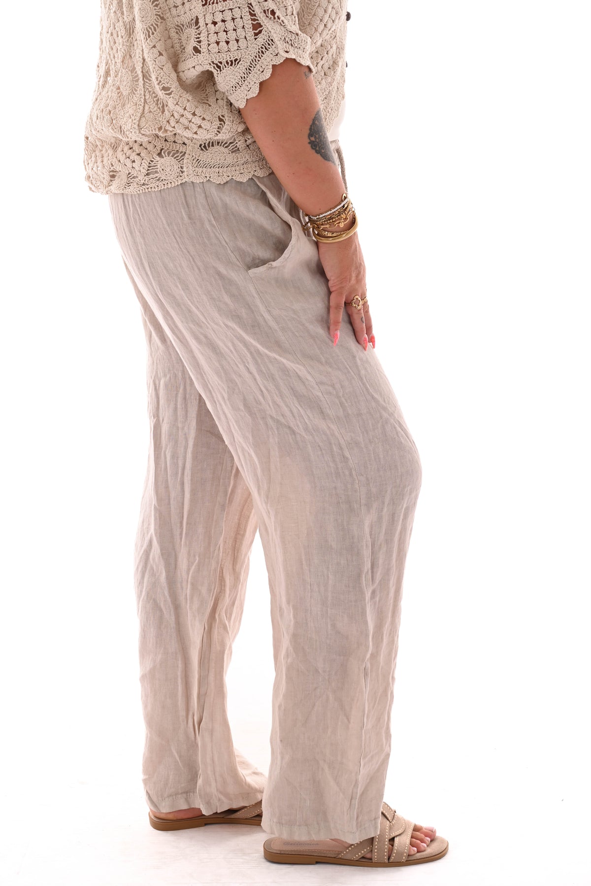 Linnenlook wijde broek aantrekkoord beige