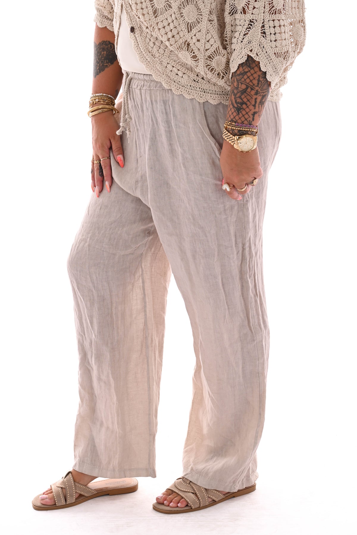 Linnenlook wijde broek aantrekkoord beige