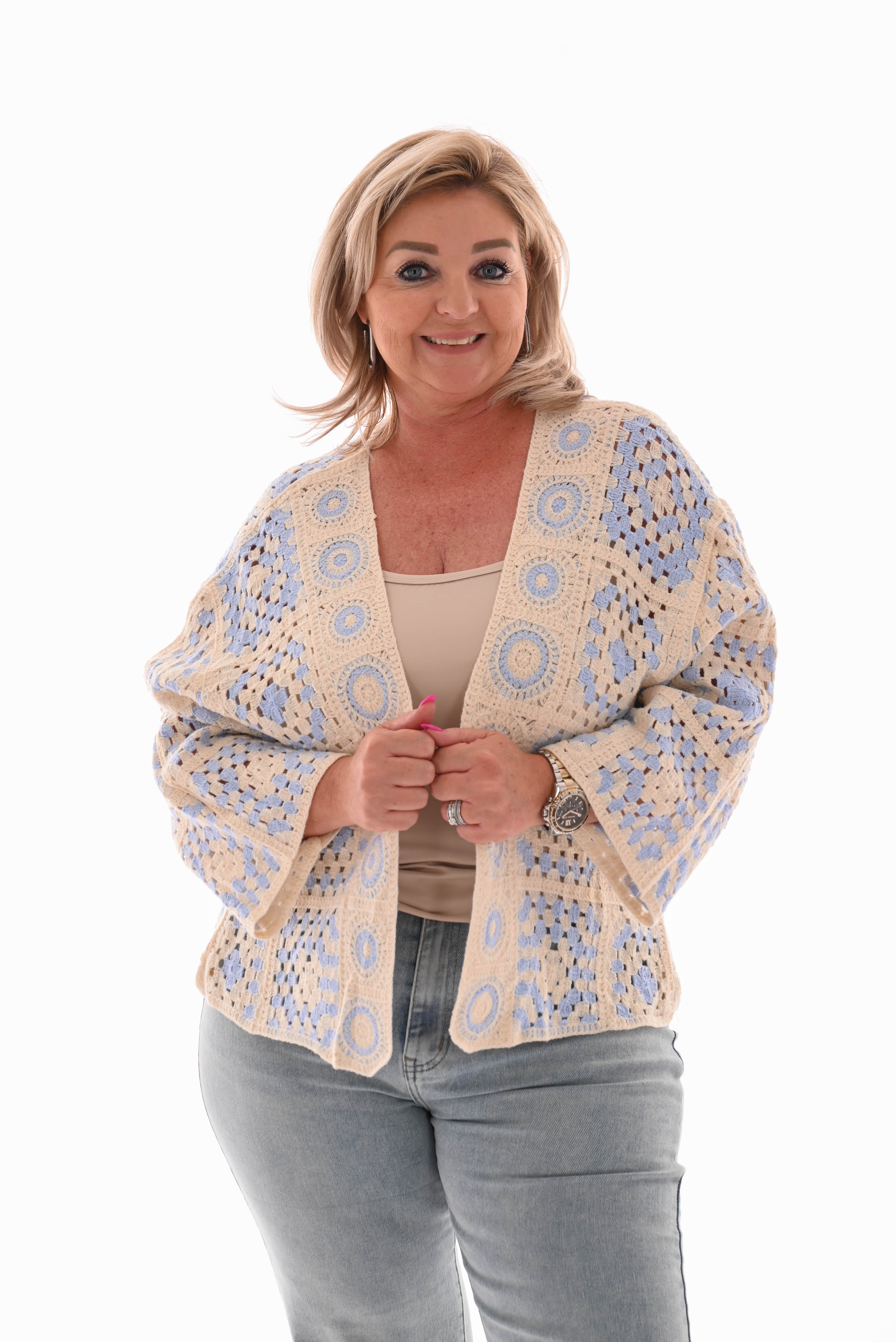 Gehaakt vestje creme/lichtblauw