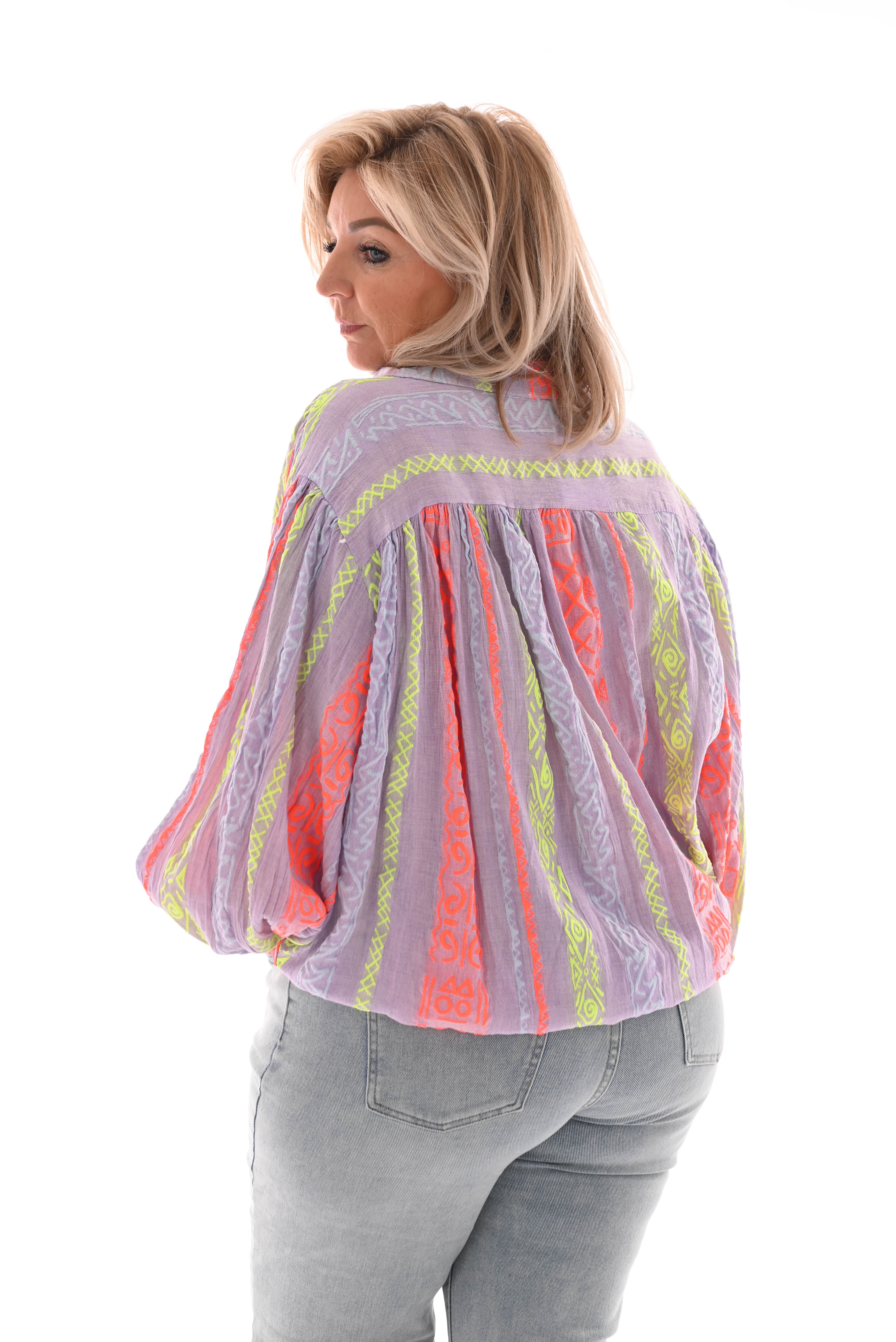 Doorknoop blouse aztec lila/felgroen