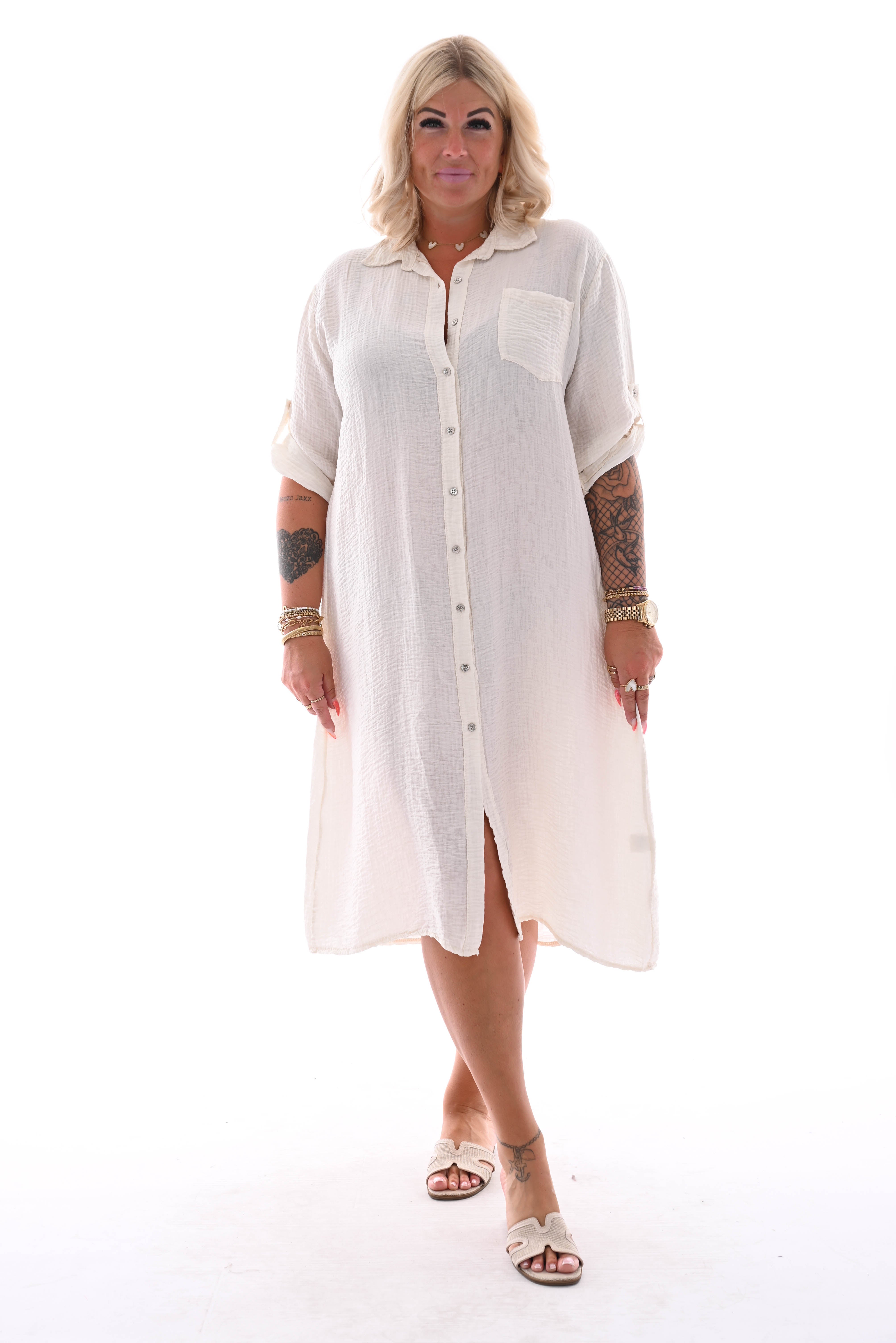 Lange doorknoop blouse crepe roomwit