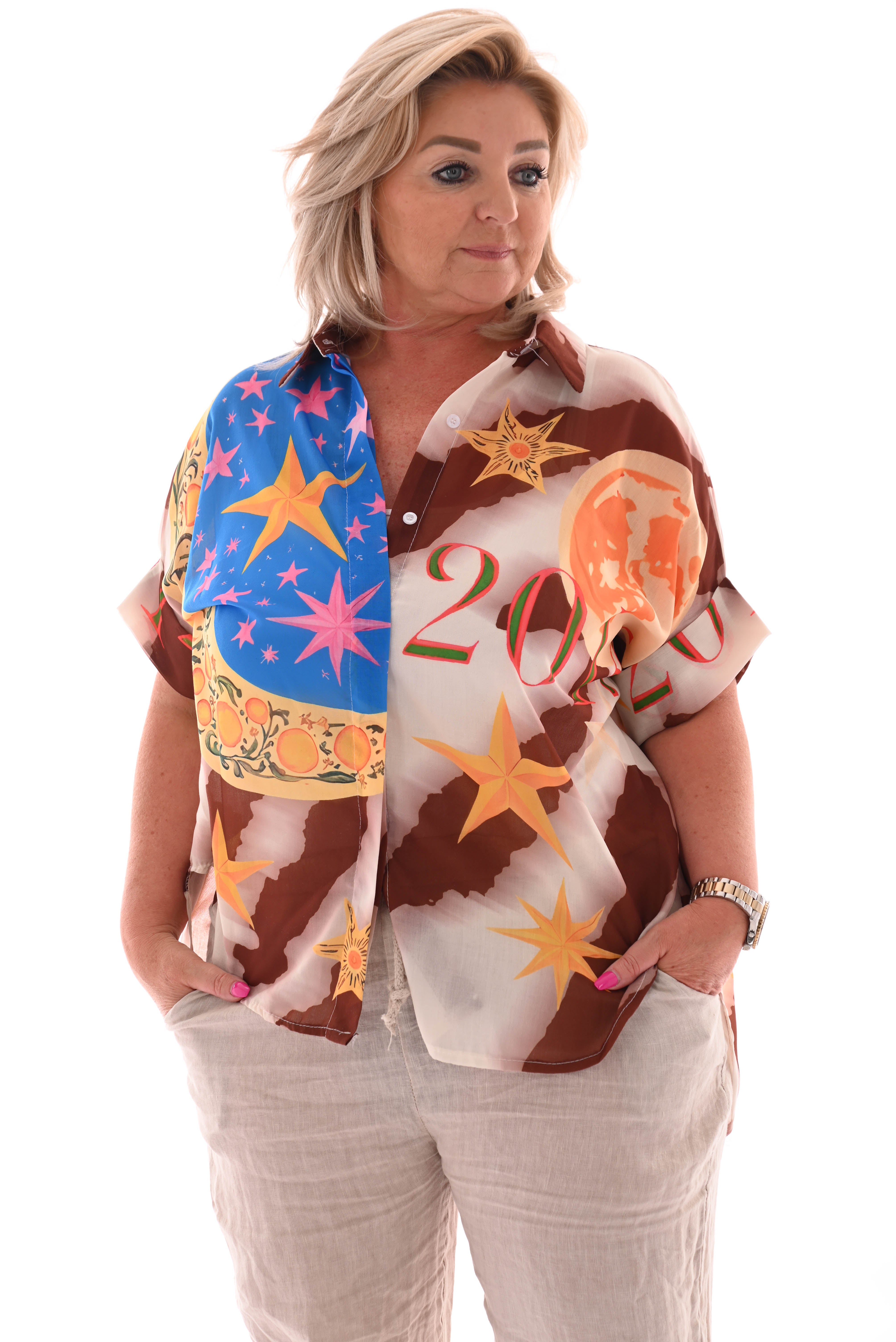 Doorknoop blouse draaimolen bruin/wit
