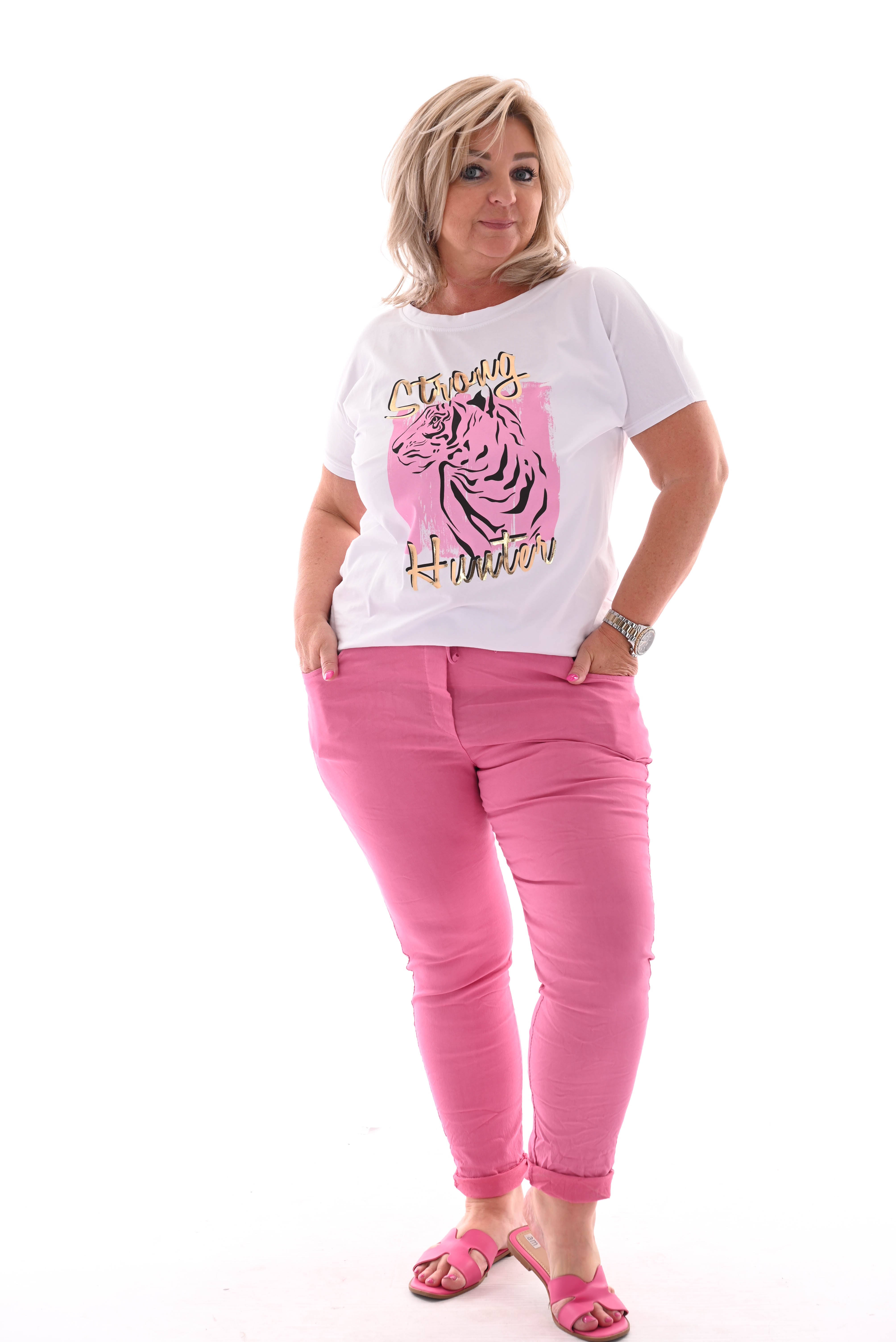 T-shirt strong hunter wit/roze