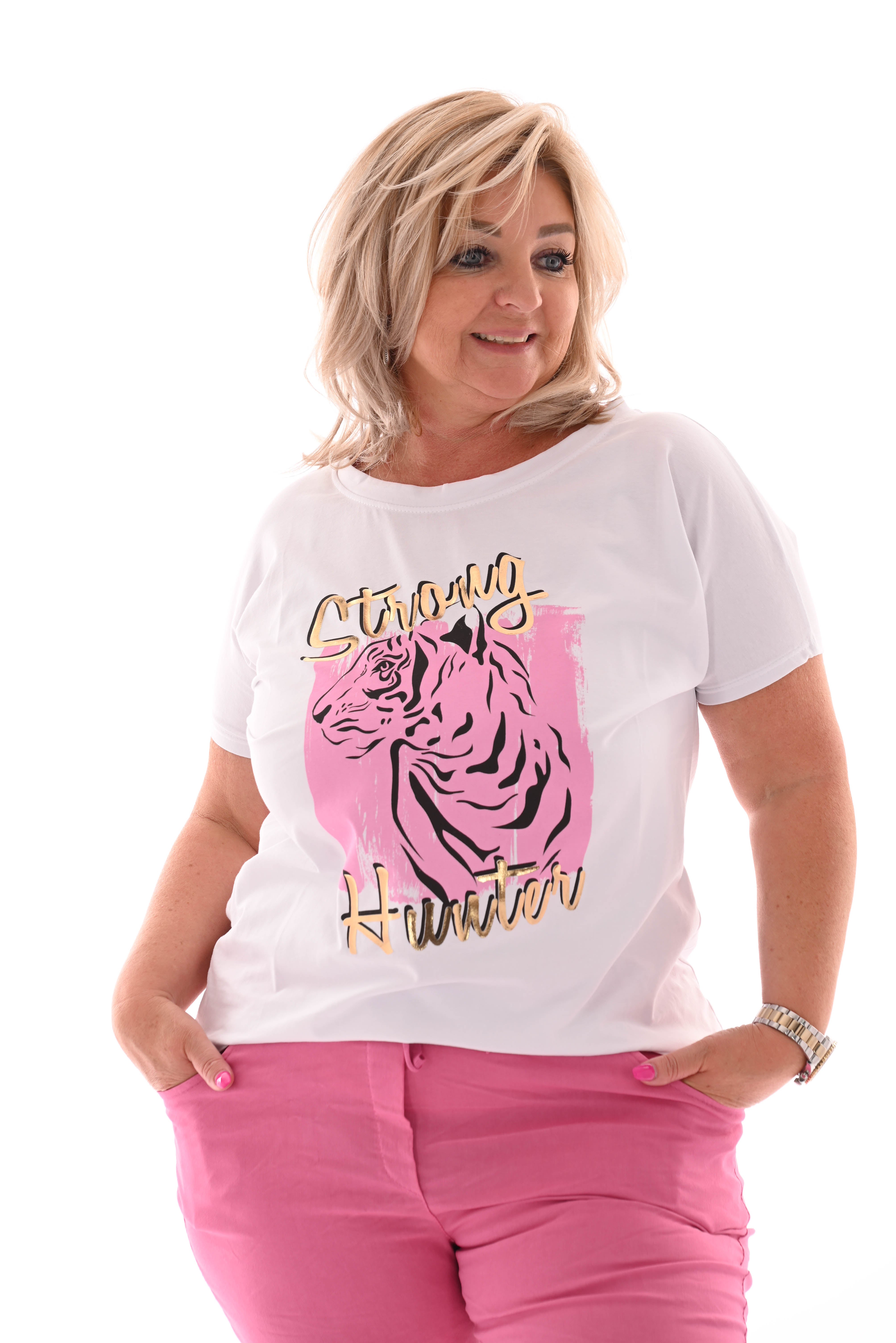 T-shirt strong hunter wit/roze