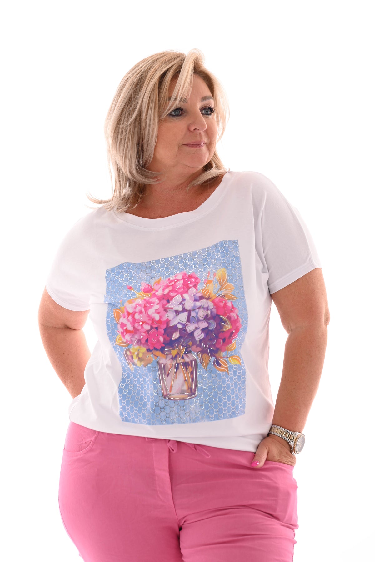 T-shirt boeket wit/jeansblauw