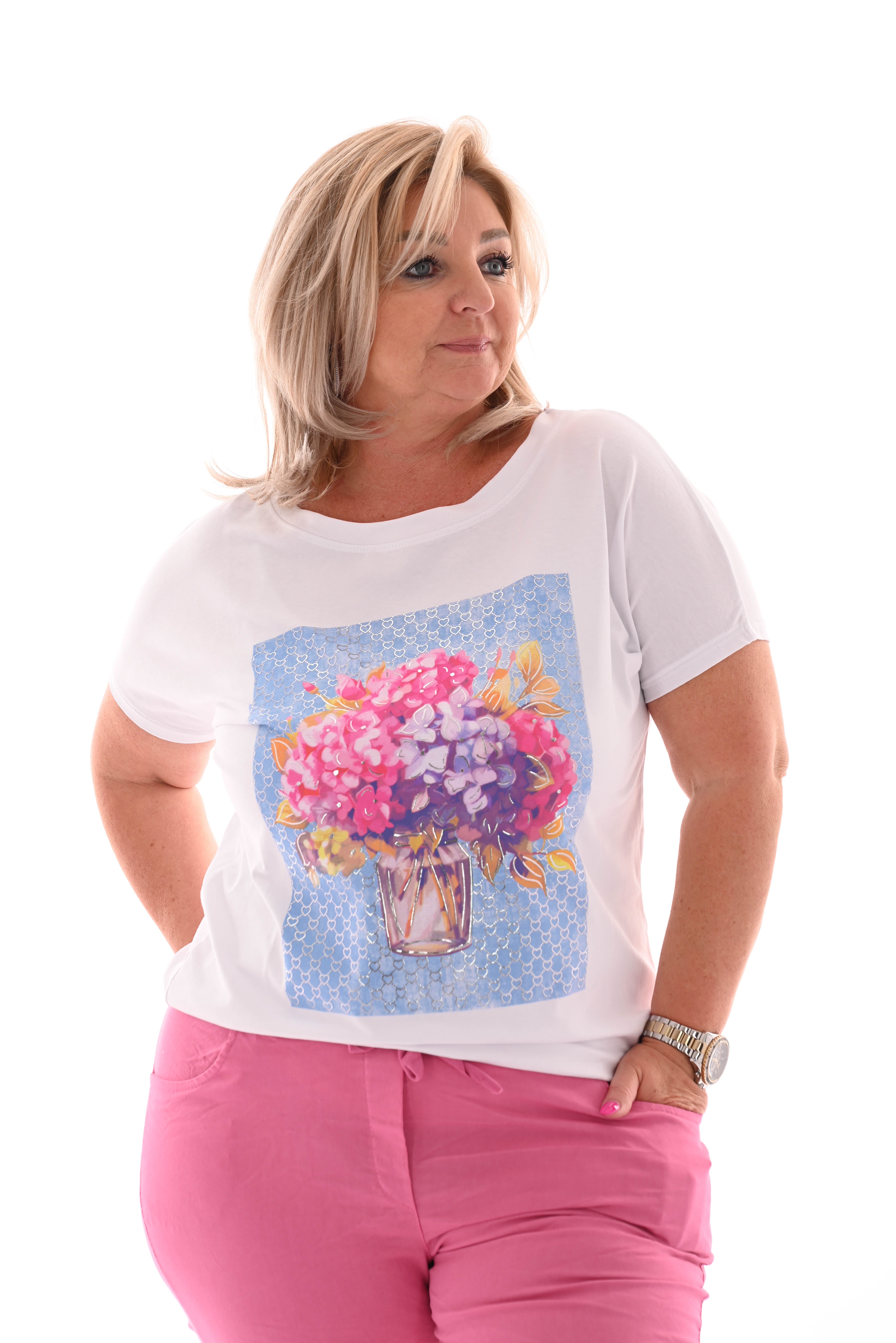 T-shirt boeket wit/jeansblauw