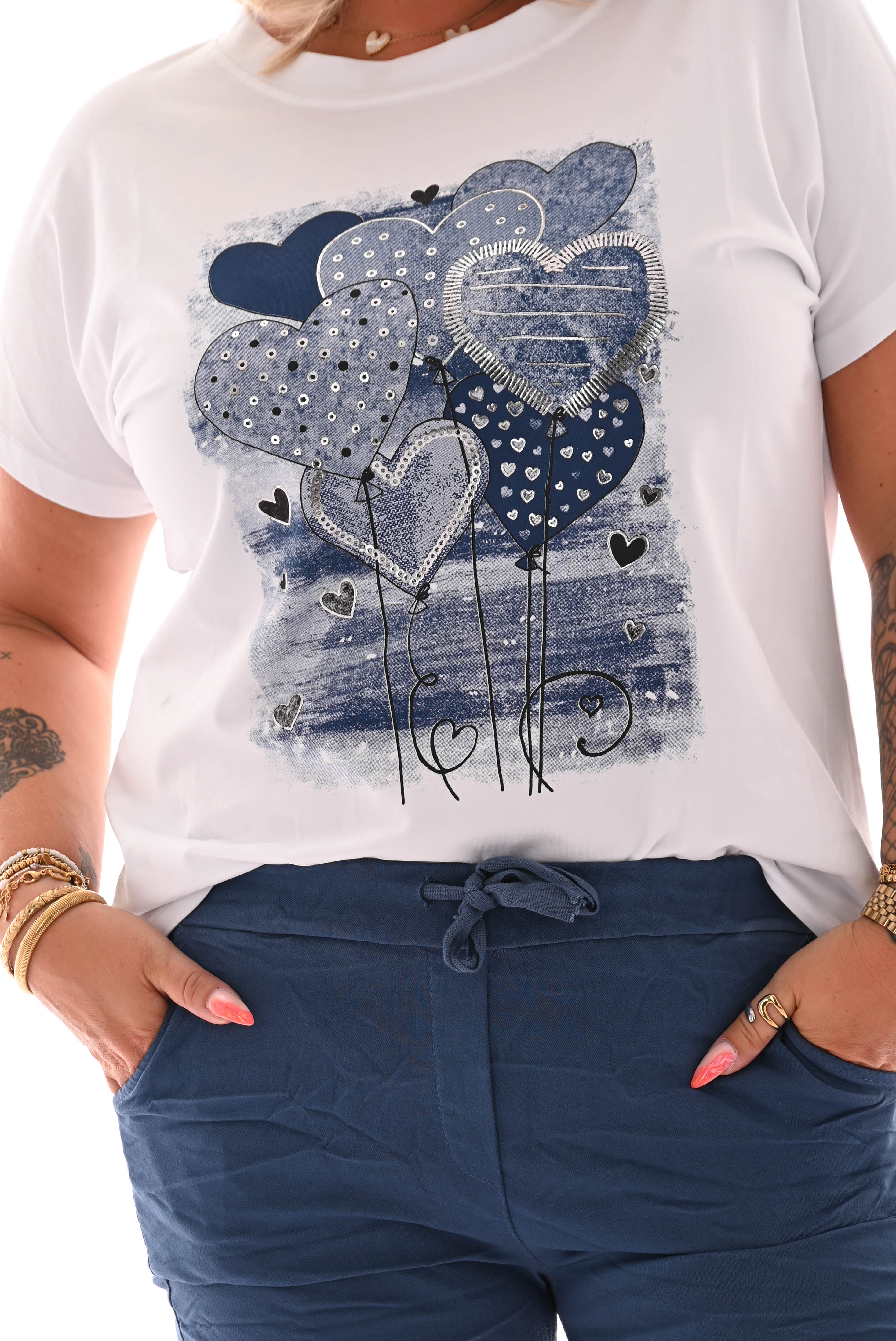 T-shirt hartjes ballon wit/denim