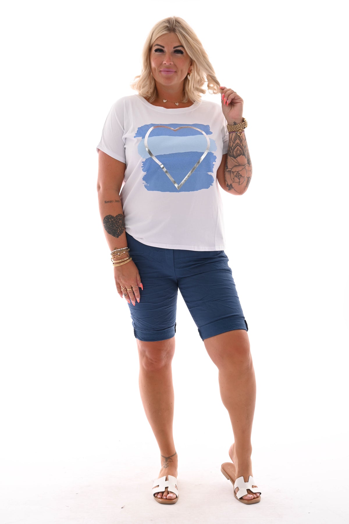 T-shirt hart wit/blauw