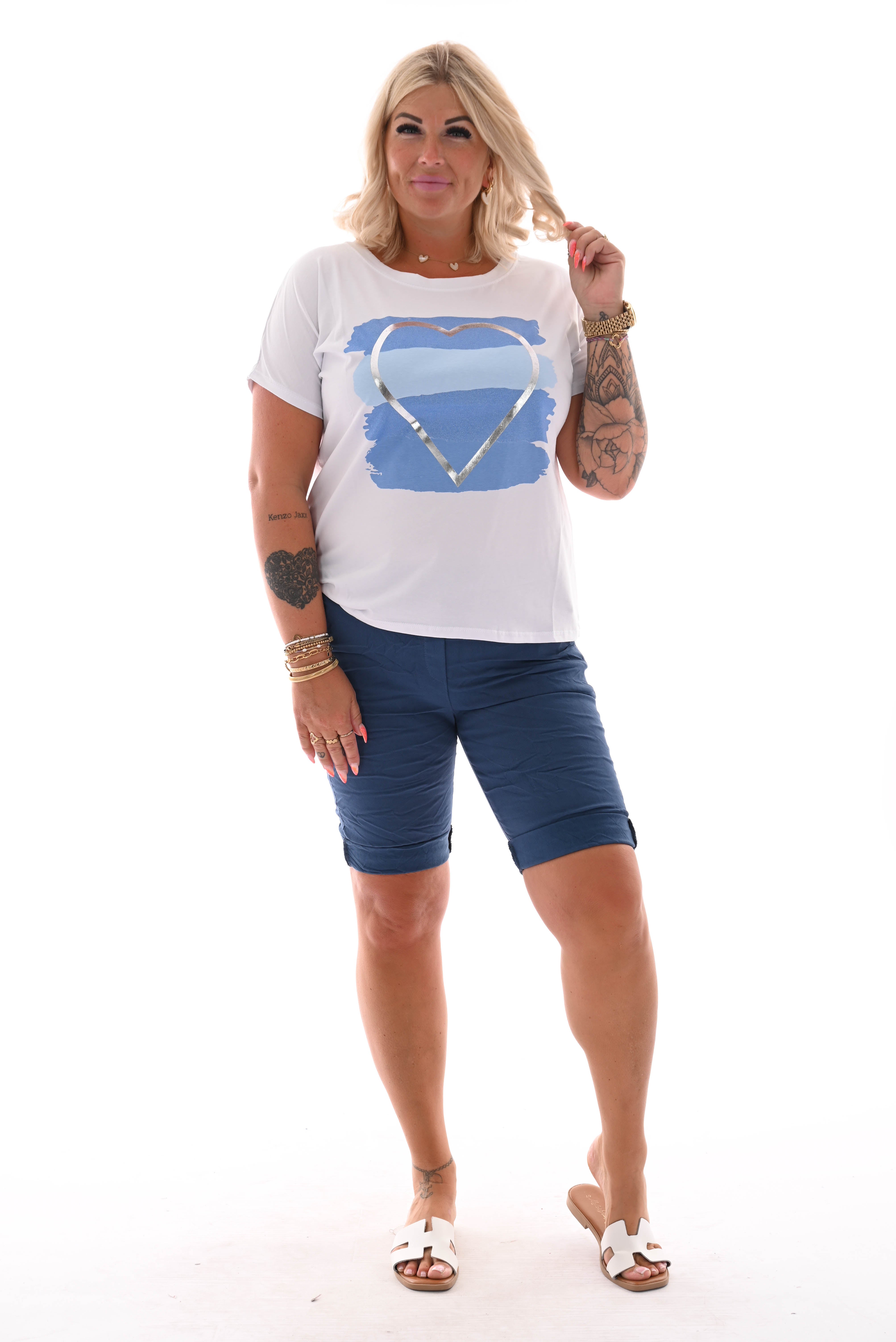 T-shirt hart wit/blauw