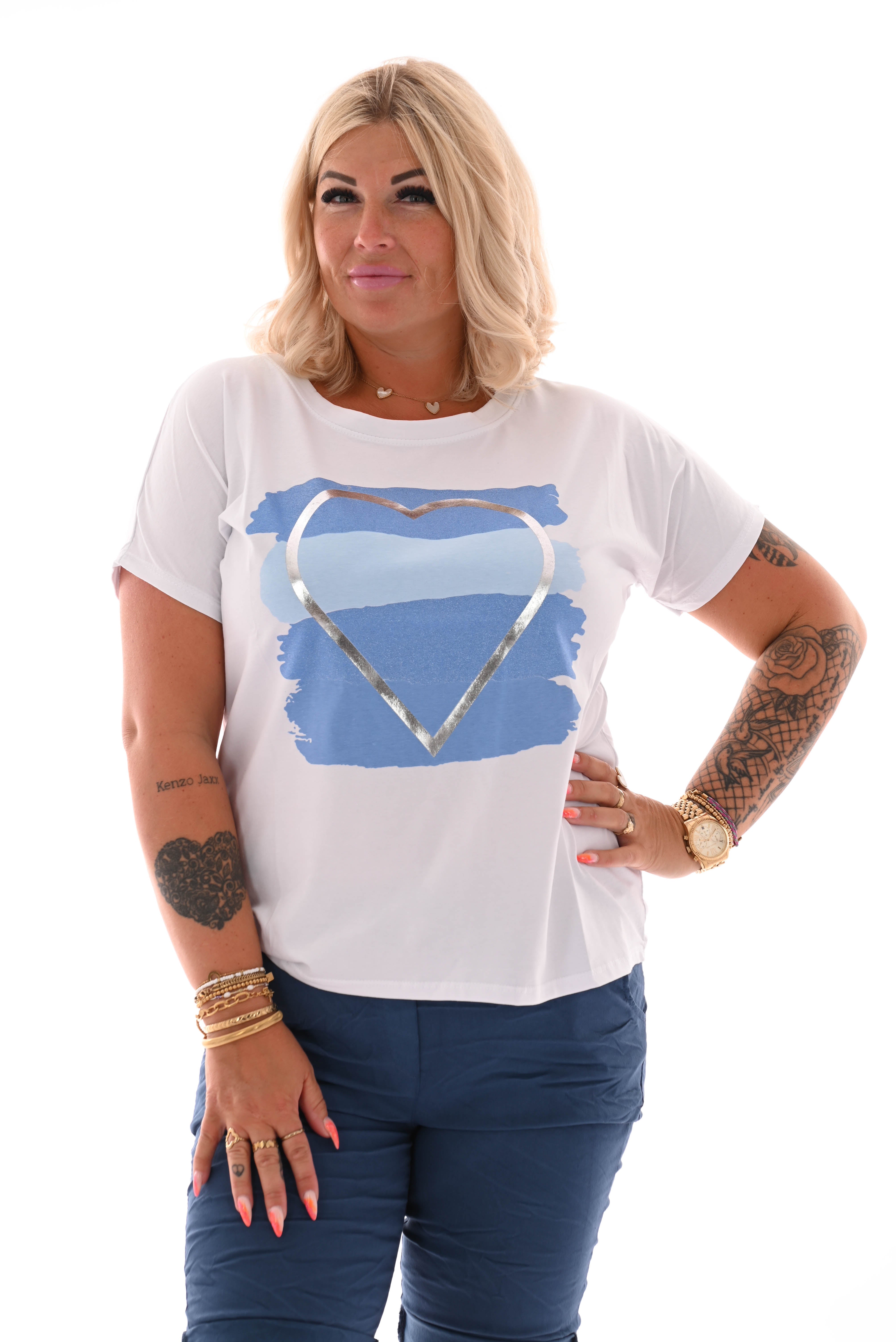 T-shirt hart wit/blauw