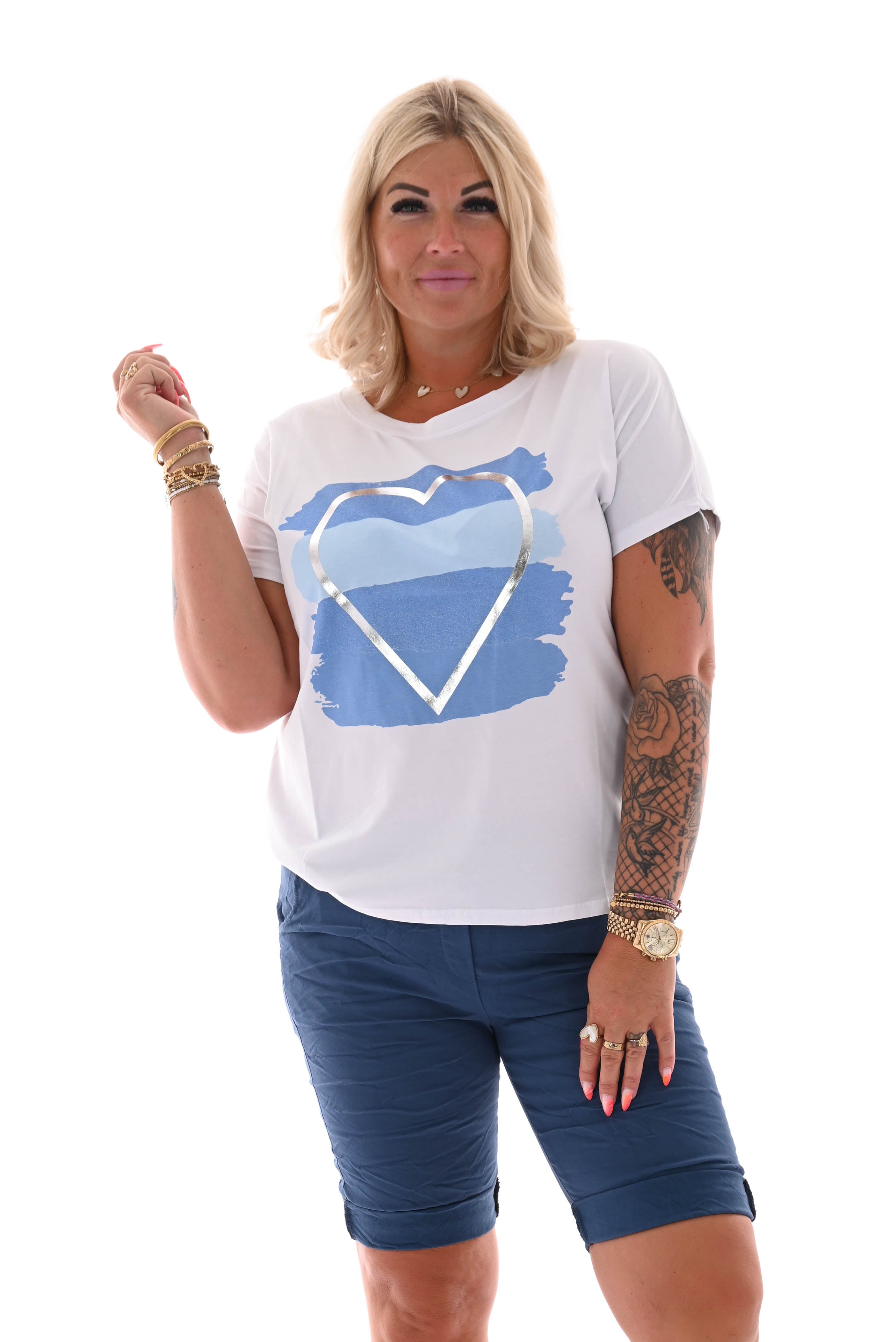 T-shirt hart wit/blauw