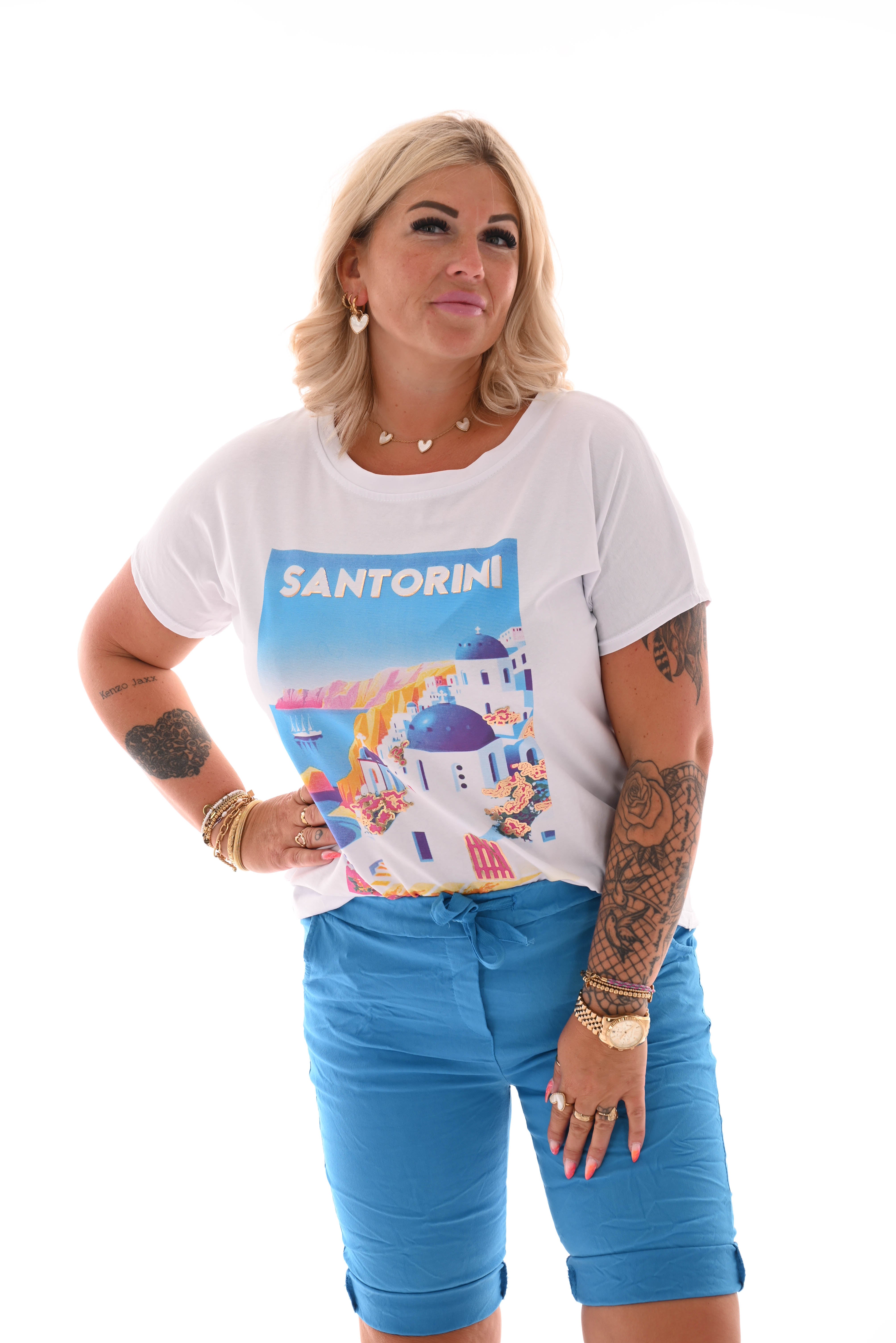 T-shirt santorini  wit/blauw