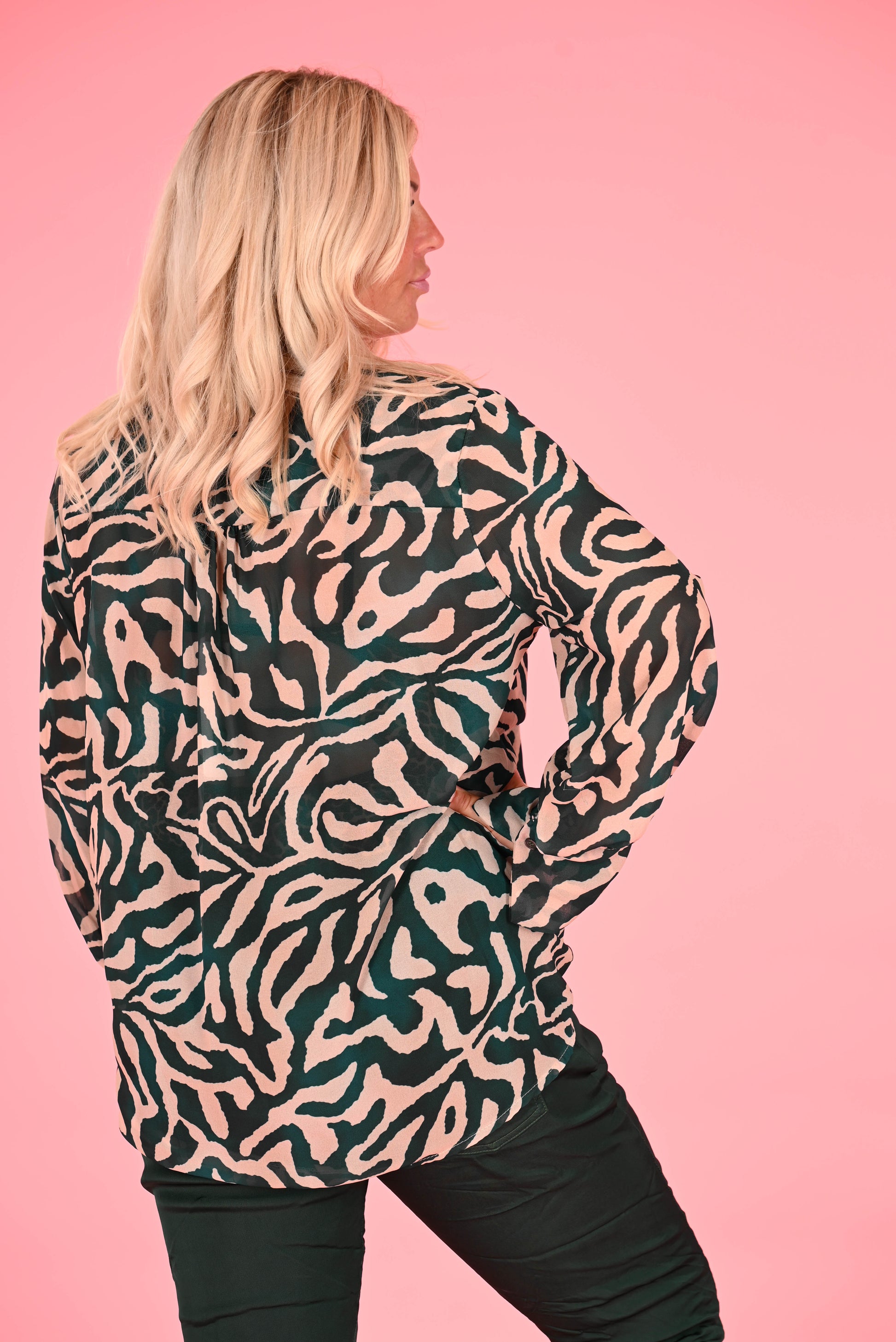 Blouse print v-hals zebra flessengroen