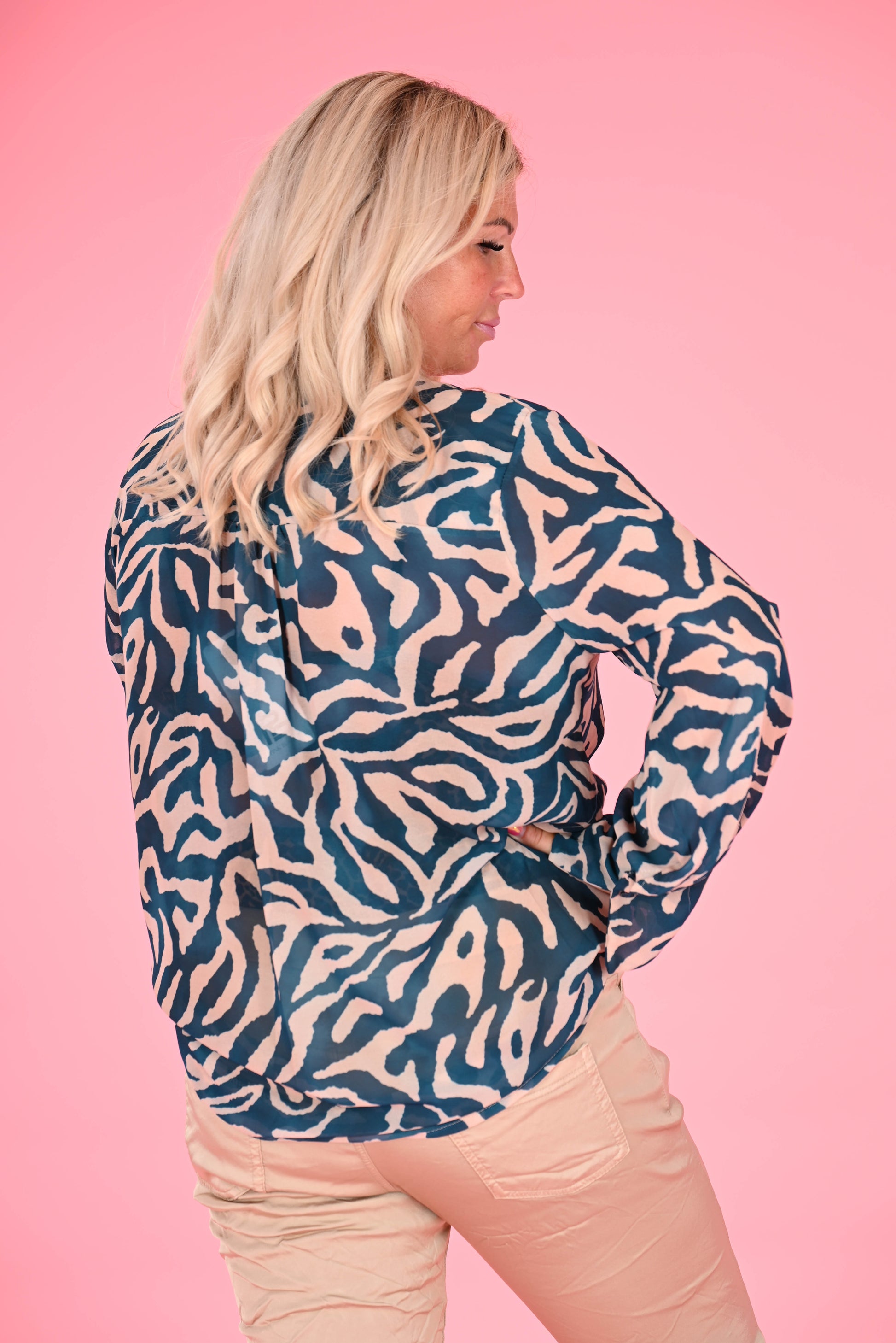 Blouse print v-hals zebra petrol