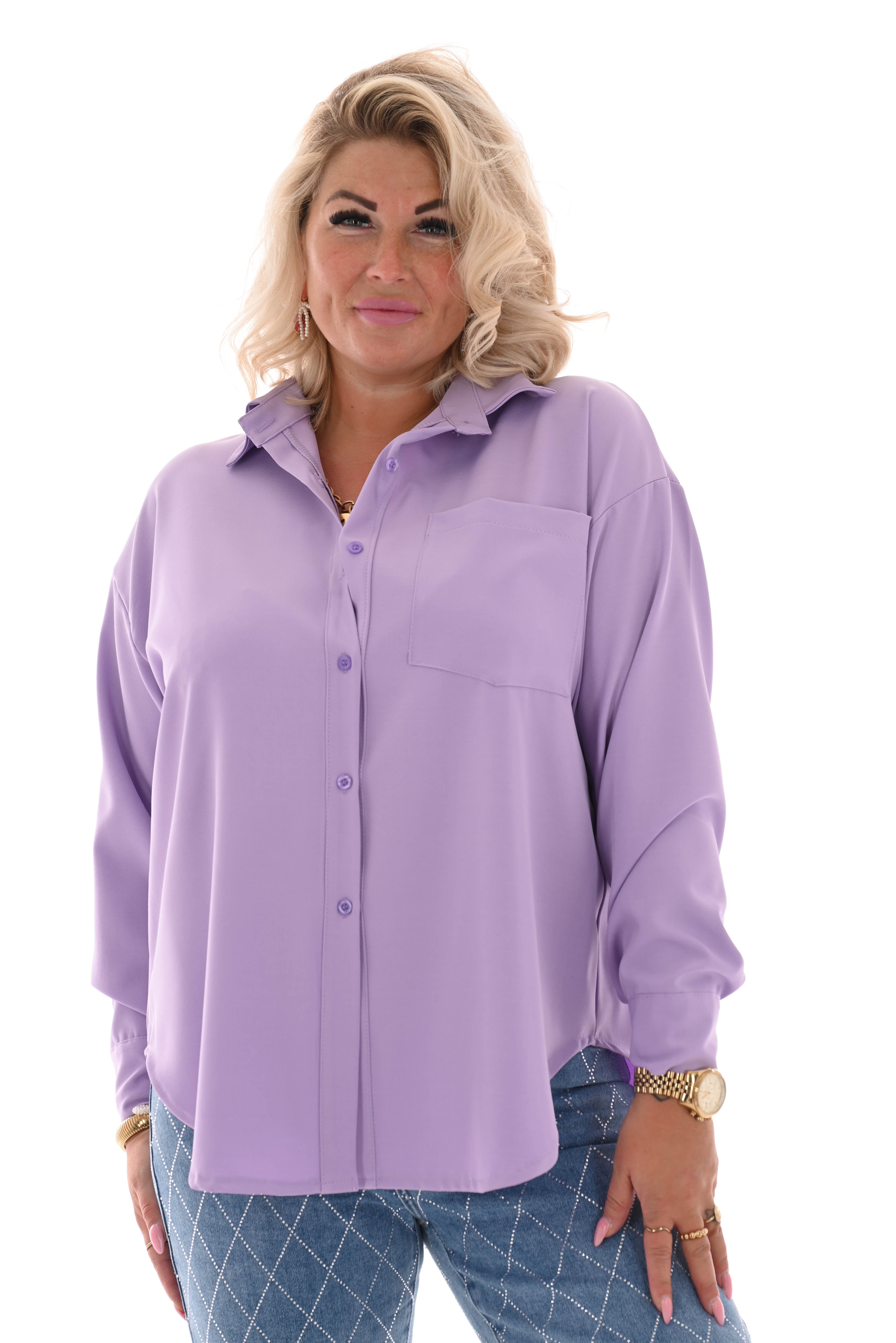 Doorknoop blouse met borstzak uni lila