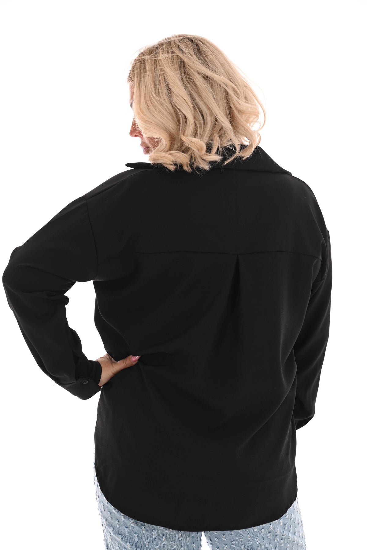 Doorknoop blouse met borstzak uni zwart
