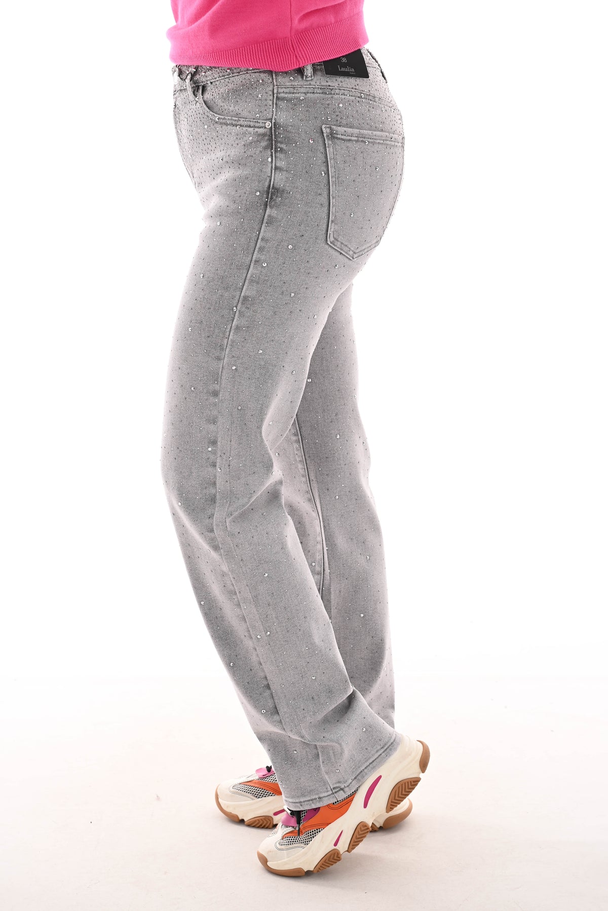 Laulia straight leg jeans strass lichtgrijs