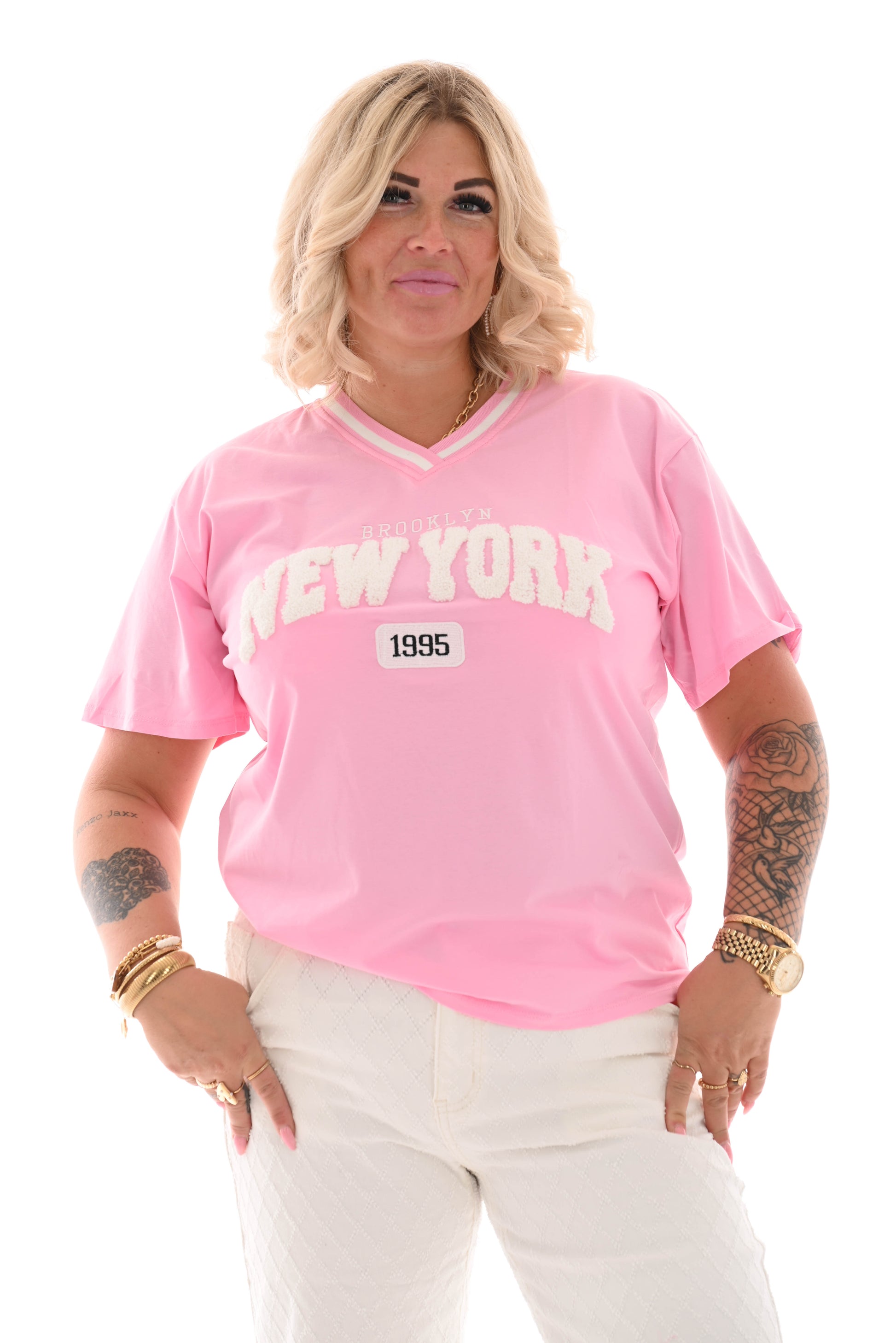 T-shirt v-hals New York roze