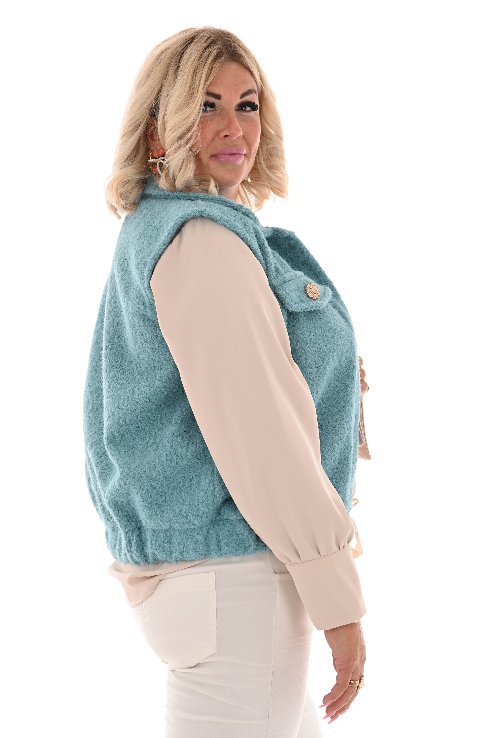 Gilet wavy teddy met gouden knopen turquoise