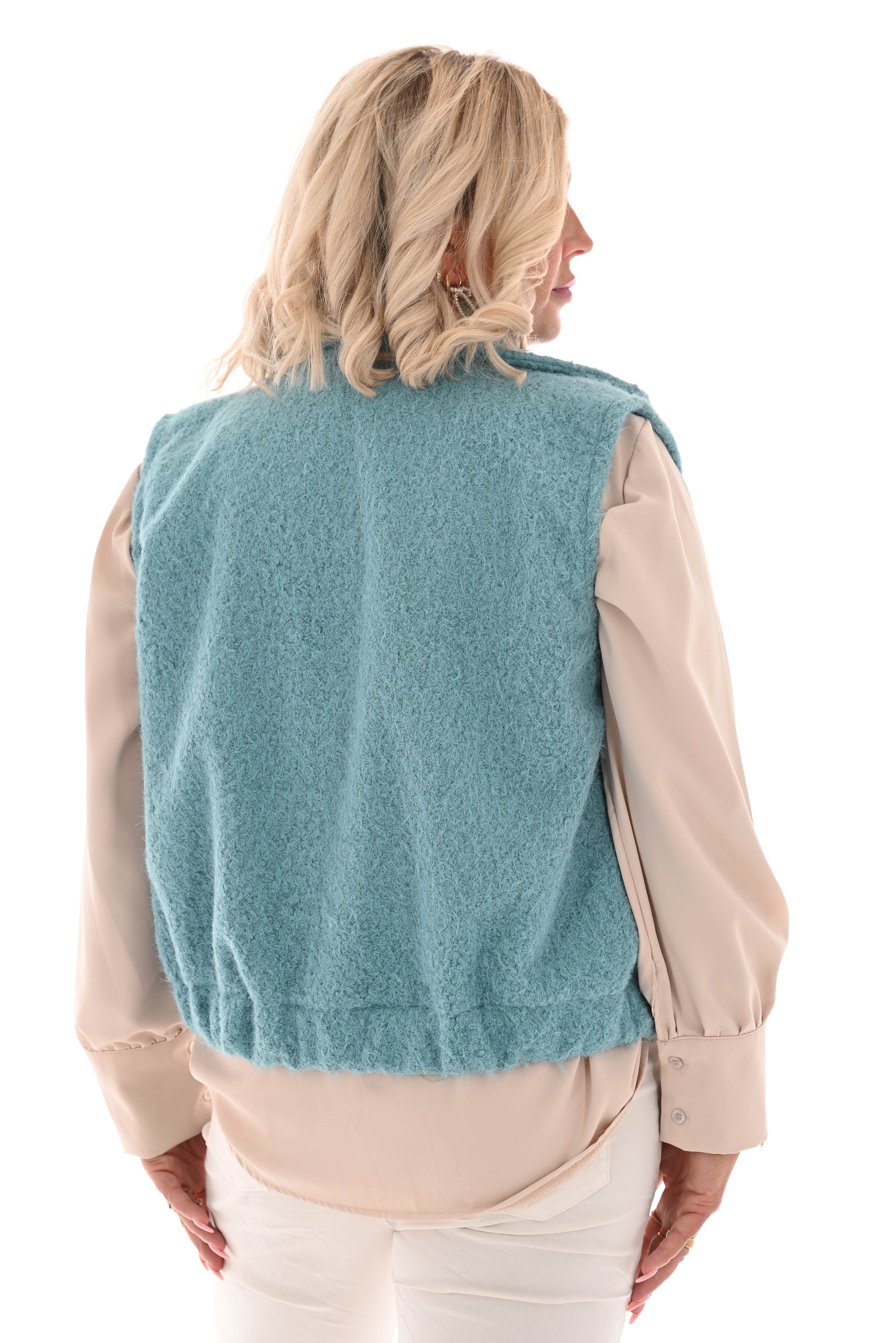 Gilet wavy teddy met gouden knopen turquoise