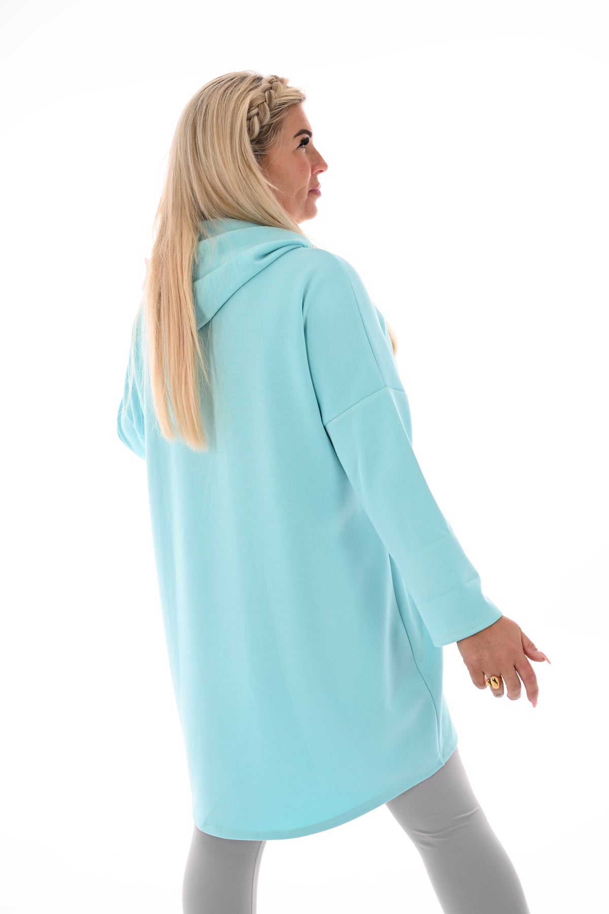 Lange sweater met capuchon aquablauw