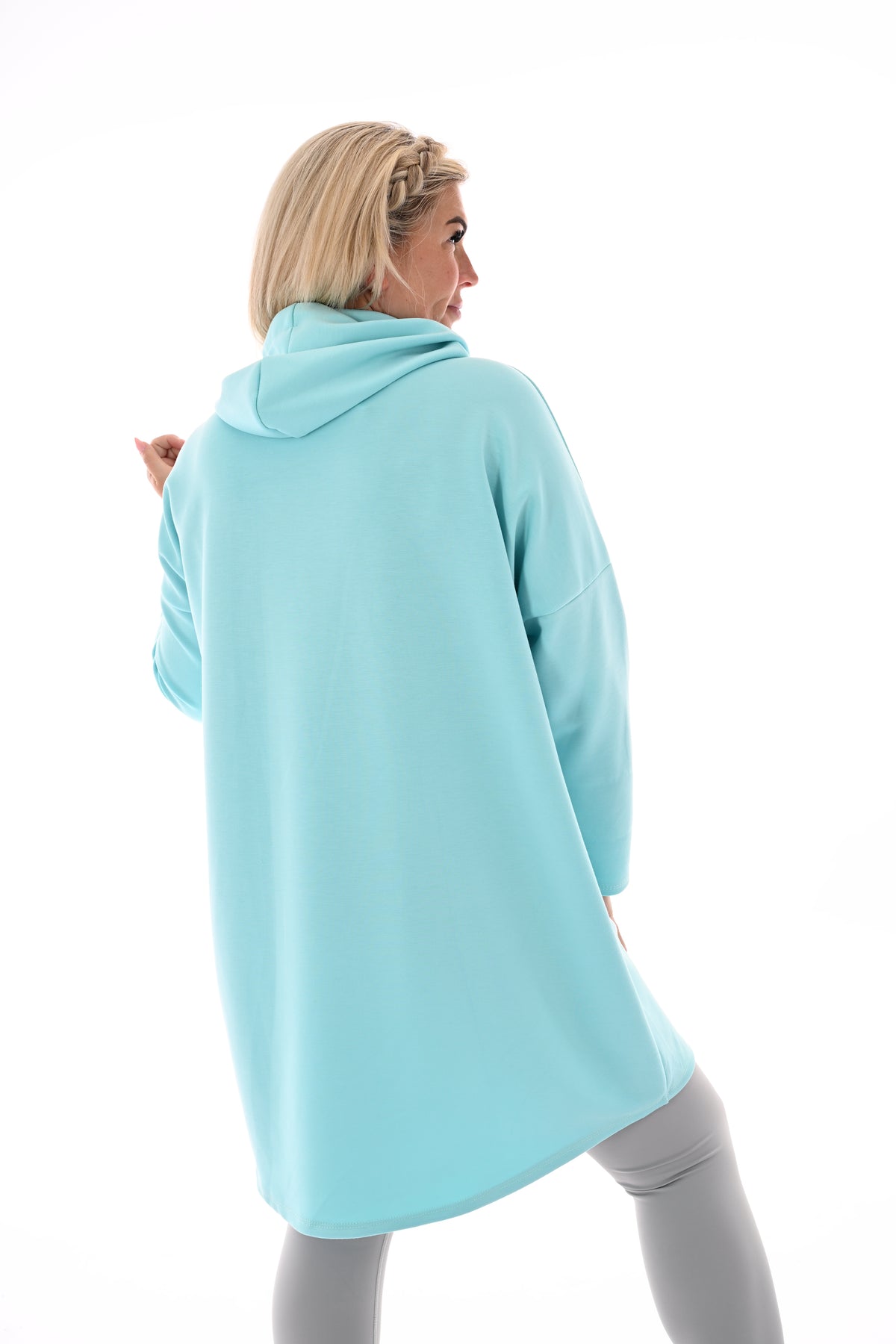 Lange sweater met capuchon aquablauw