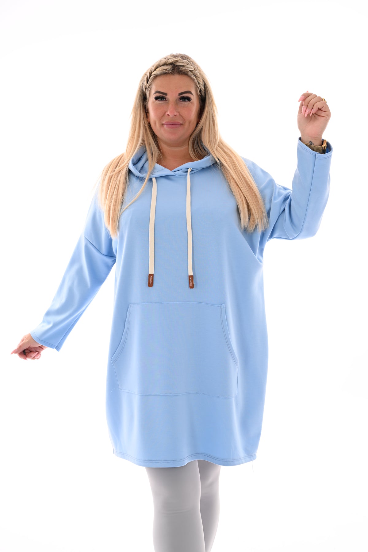 Lange sweater met capuchon lichtblauw