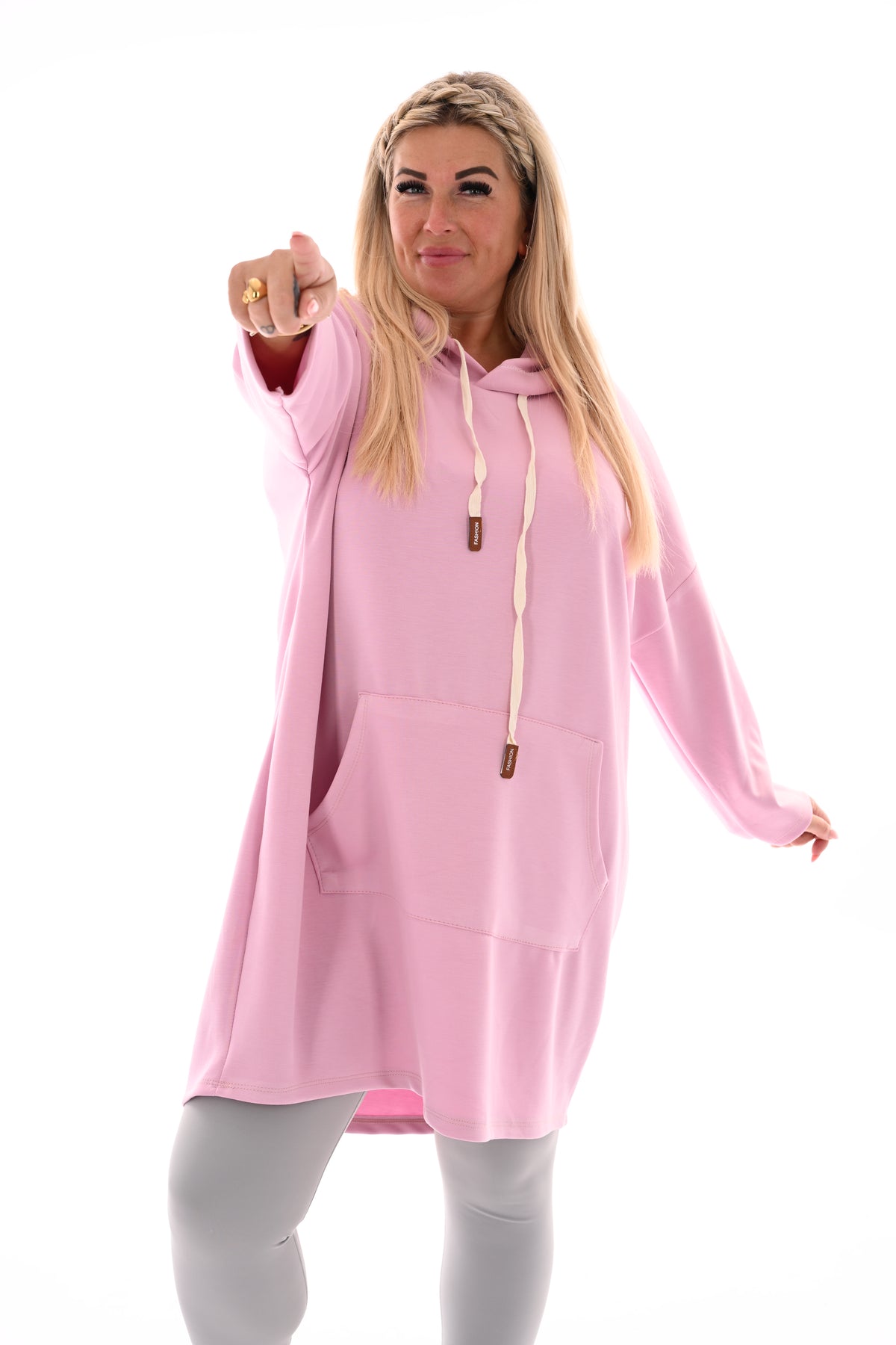 Lange sweater met capuchon lichtroze