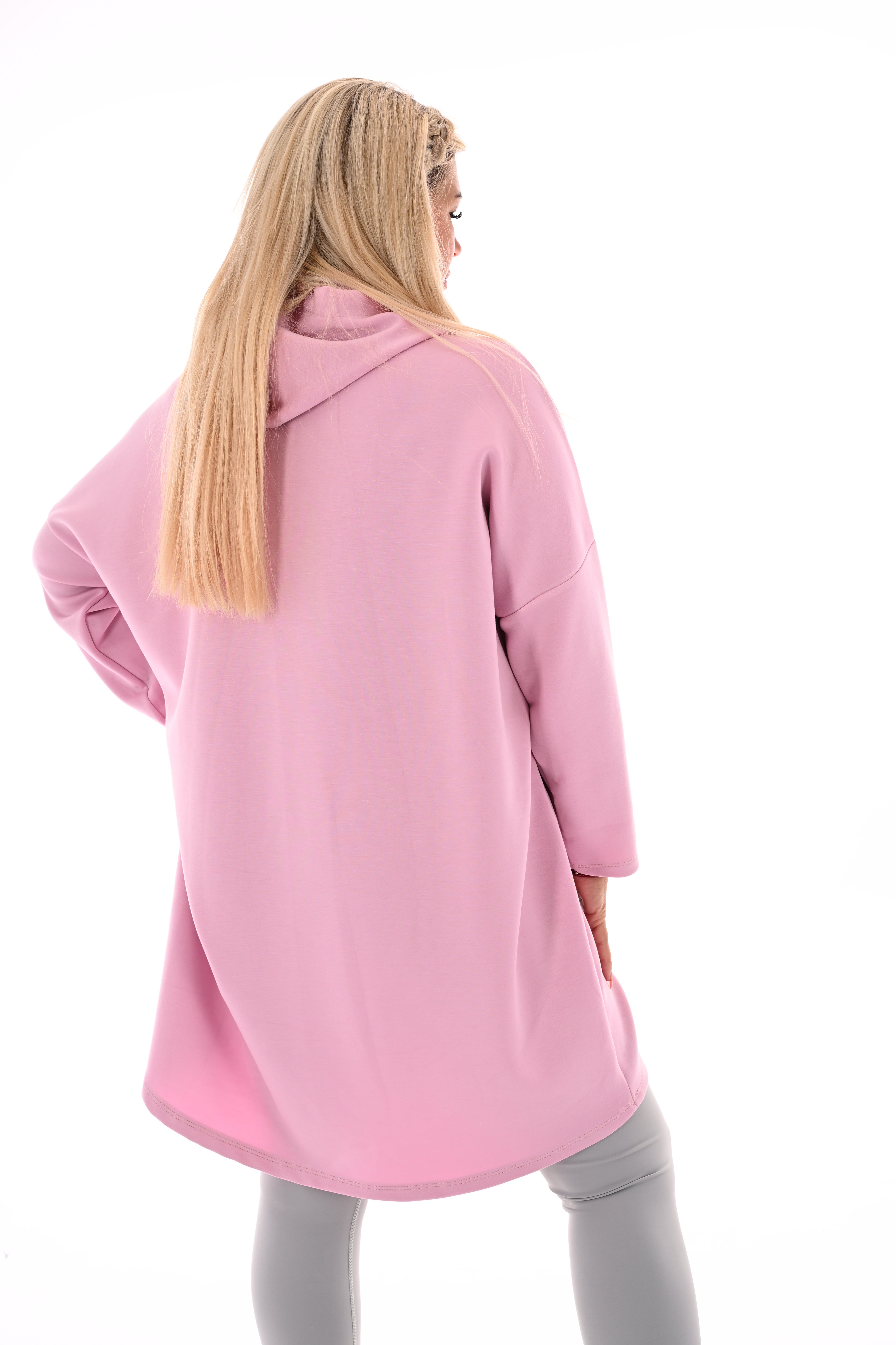 Lange sweater met capuchon lichtroze