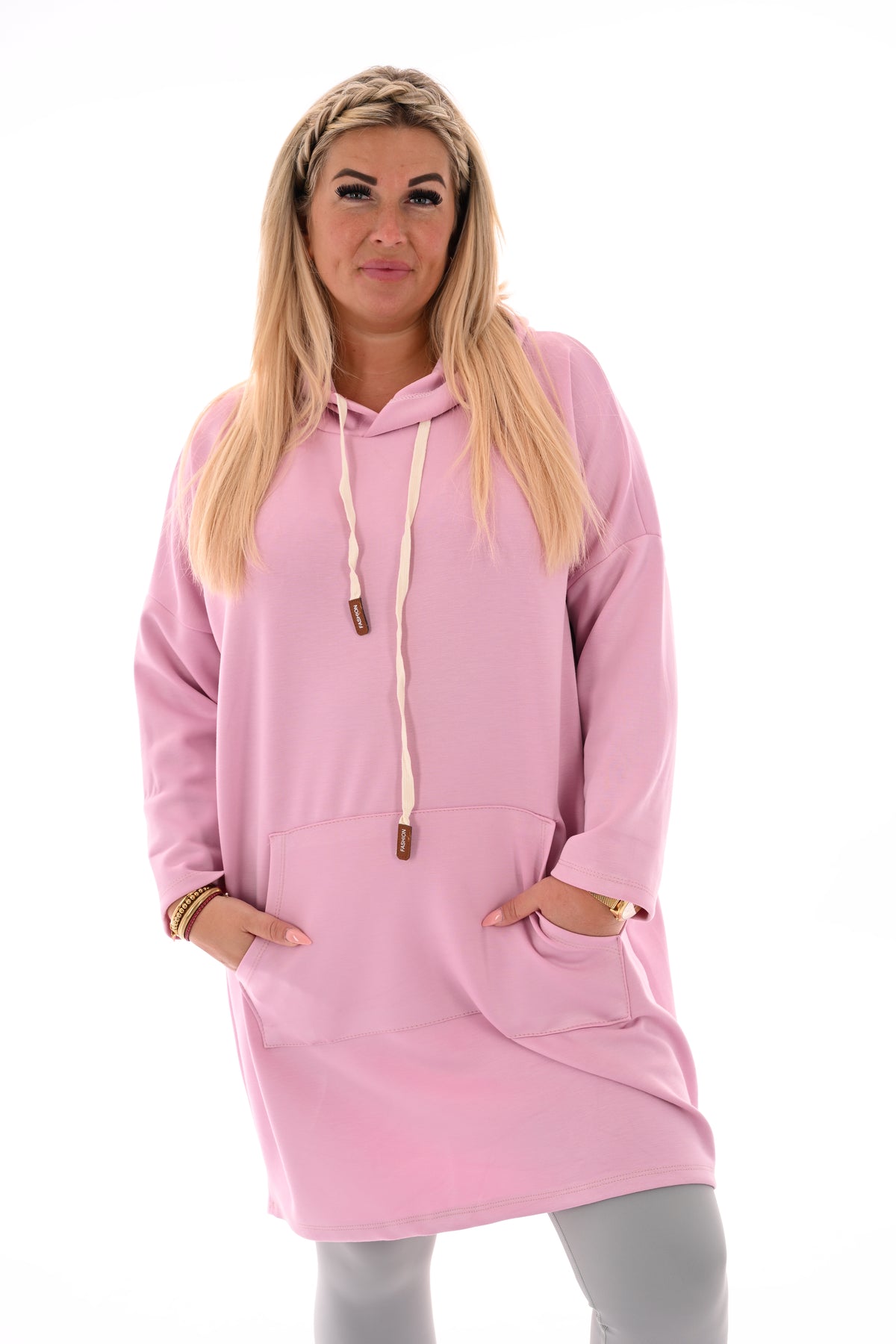 Lange sweater met capuchon lichtroze